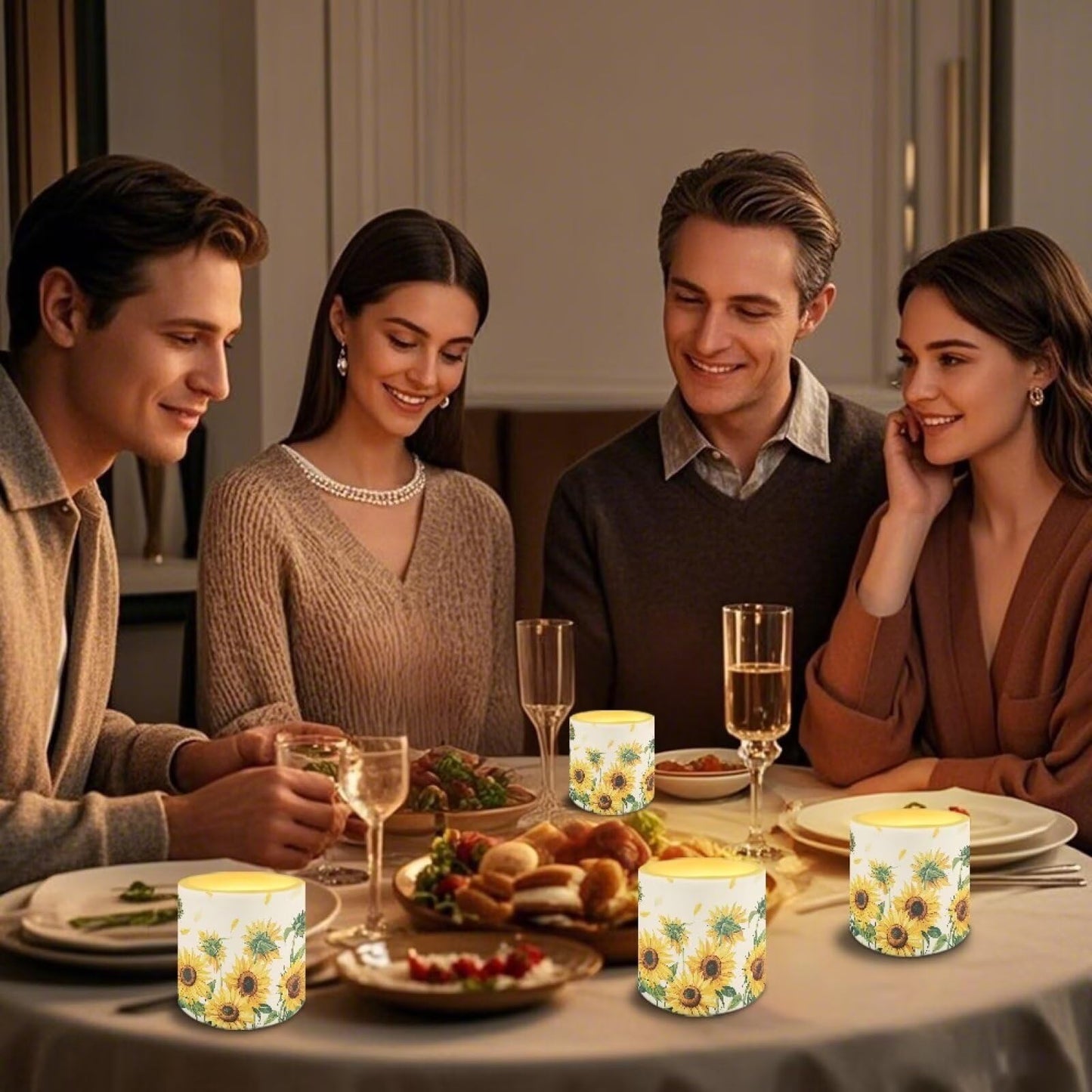 Cozeyat Sunflower Family Gathering LED Candles Set of 4 Battery Powered Flameless with Remote Timer Dancing Flame Waterproof for Home Patio Table Decor