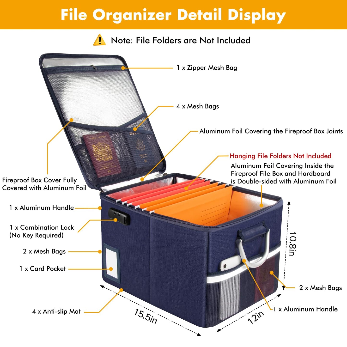 TOMKID 5200°F Fireproof Document Box, Fire Important Document Organizer with Lock, Upgraded Heat Insulated Filing Storage Cabinet Office Organization (5200°F Fireproof Box, Blue)