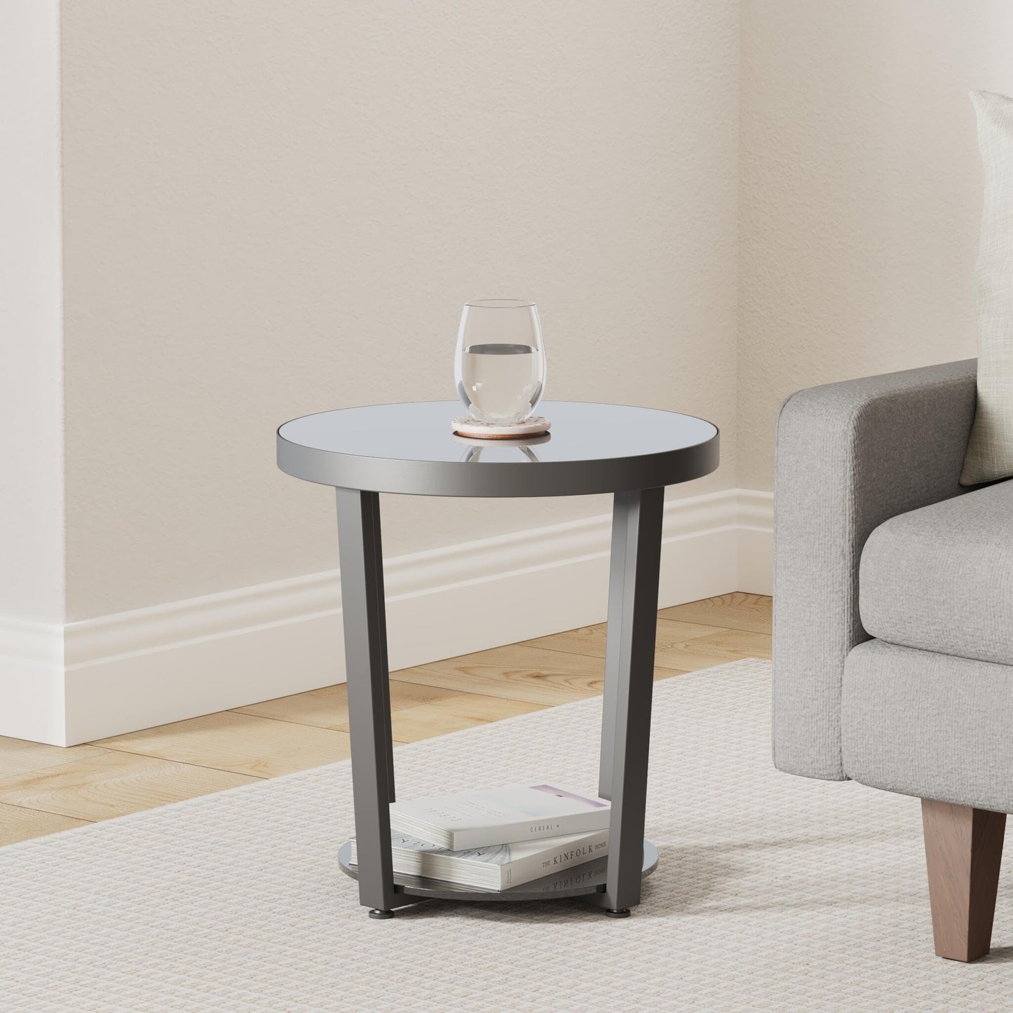 NSFRCLHO Round End Table, Tempered Glass End Table with Metal Frame, Small Coffee Table, Black Sofa Side Table for Living Room, Balcony, Bedroom