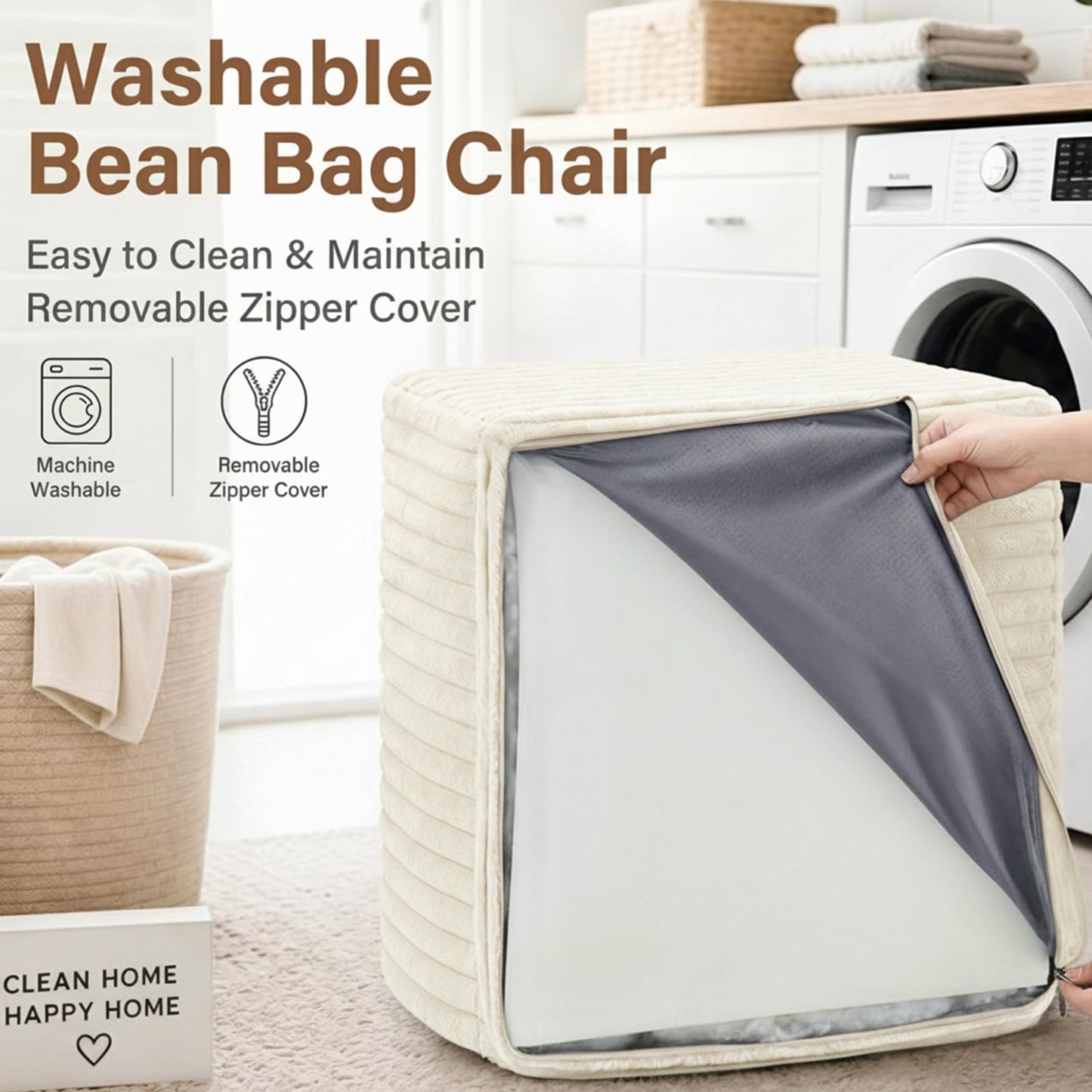 Tiita Bean Bag Chair for Adults, Foam Lounge Chair with Back Support and Armrests, Soft Corduroy Cover, Removable Washable Sofa Chair for Reading, Gaming, Living Room & Bedroom, Beige
