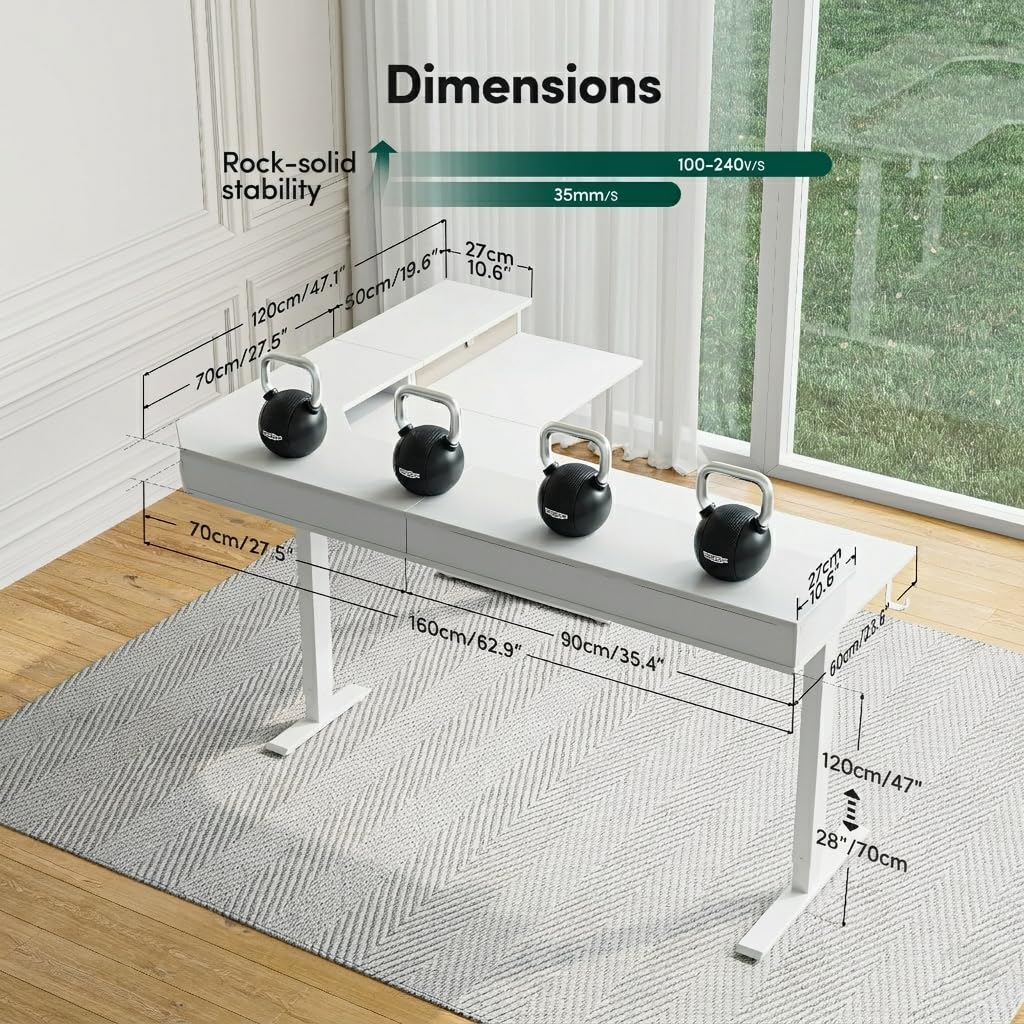 FEZIBO L Shaped Standing Desk, Electric Corner Desk with Drawers, 63 x 48 Inches Reversible Tabletop, Ergonomic Computer Desk, White Top
