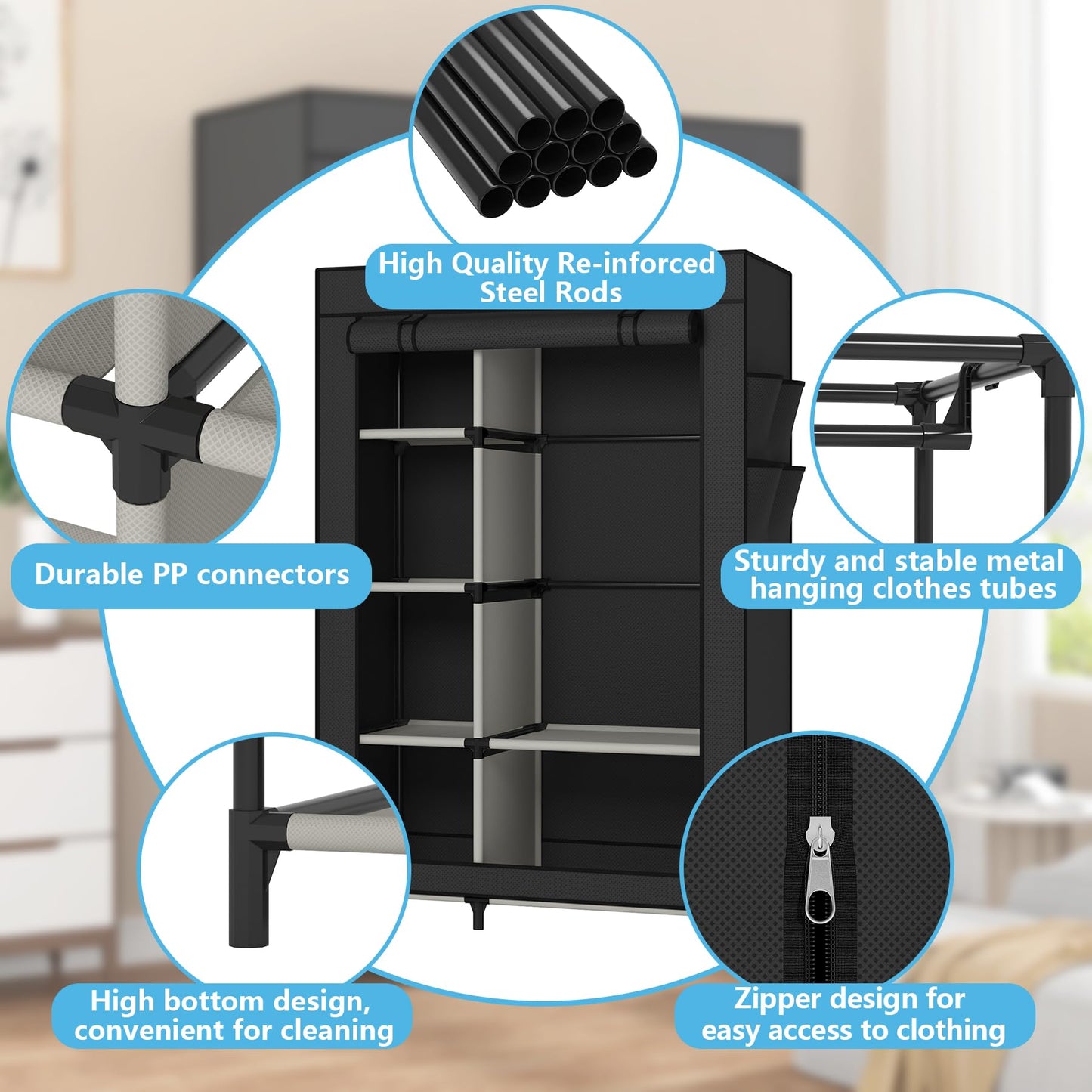 Calmootey Portable Closet, Wardrobe with 6 Shelves and Hanging Rod, Storage Organizer for Bedroom, Non-Woven Fabric Cover with 4 Side Pockets, Includes 2 Storage Bags for Clothes, Black