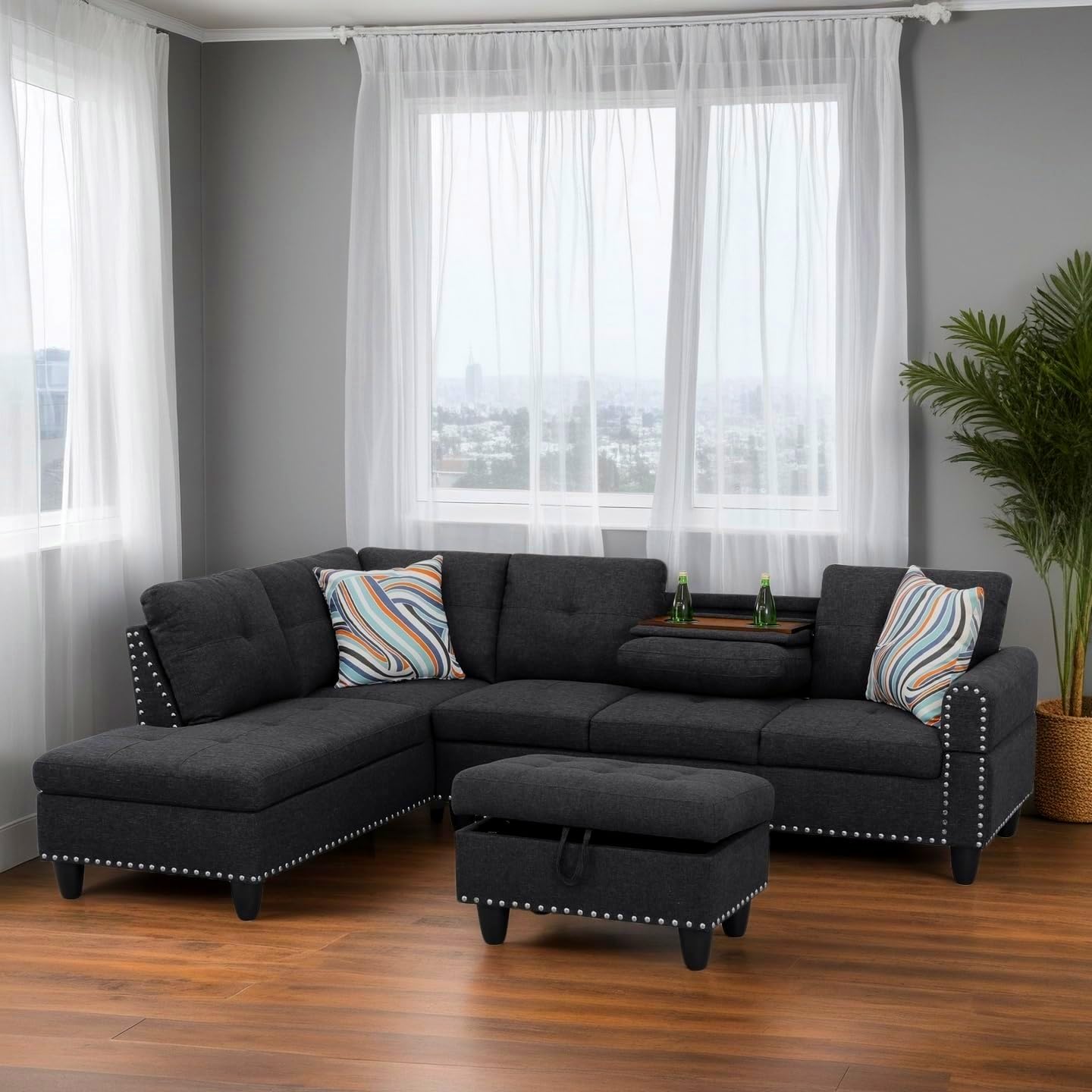 Trygoal 97.5" L Shaped Couches for Living Room, Sectional Couch Living Room Furniture with Storage Ottoman, Modular Sectional Sofa with Movable Chaise for Apartment Office, Black Grey