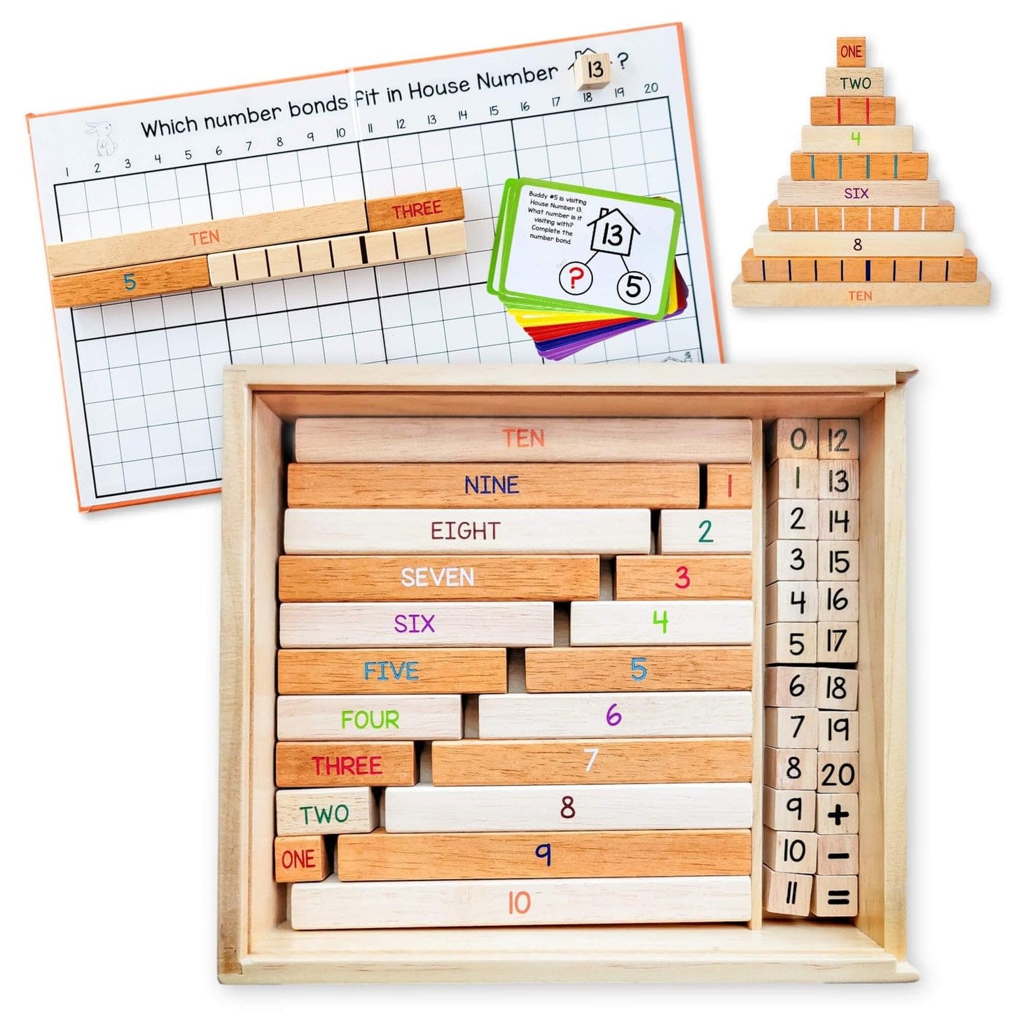 LITTLE BUD KIDS House of Number Buddies Math Game, a Number Bonds Math Toy with Counting Rods and Addition & Subtraction Flash Cards, a Montessori Material for Kids 4-8 Years Old