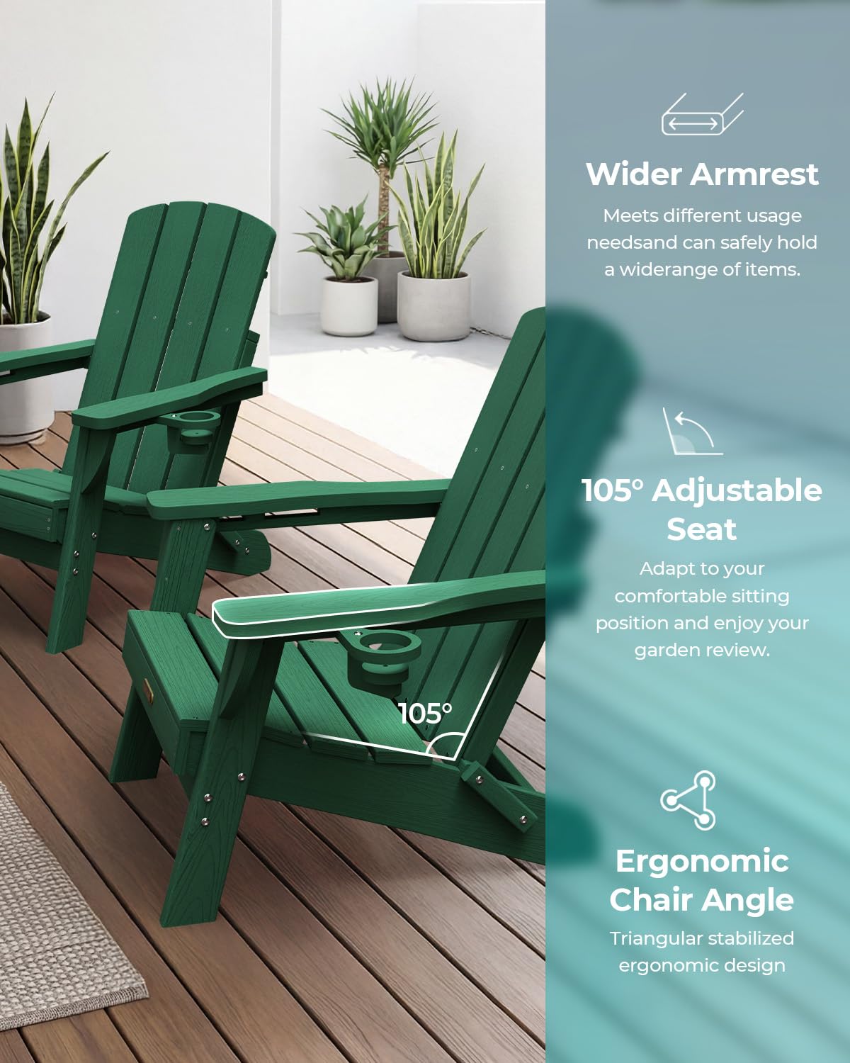SUUNYN Folding Adirondack Chair, HDPE Adirondack Chairs with 2 Cup Holder, Plastic All-Weather Fire Pit Chairs, Outdoor Lawn Chair for Patio Garden (Green)