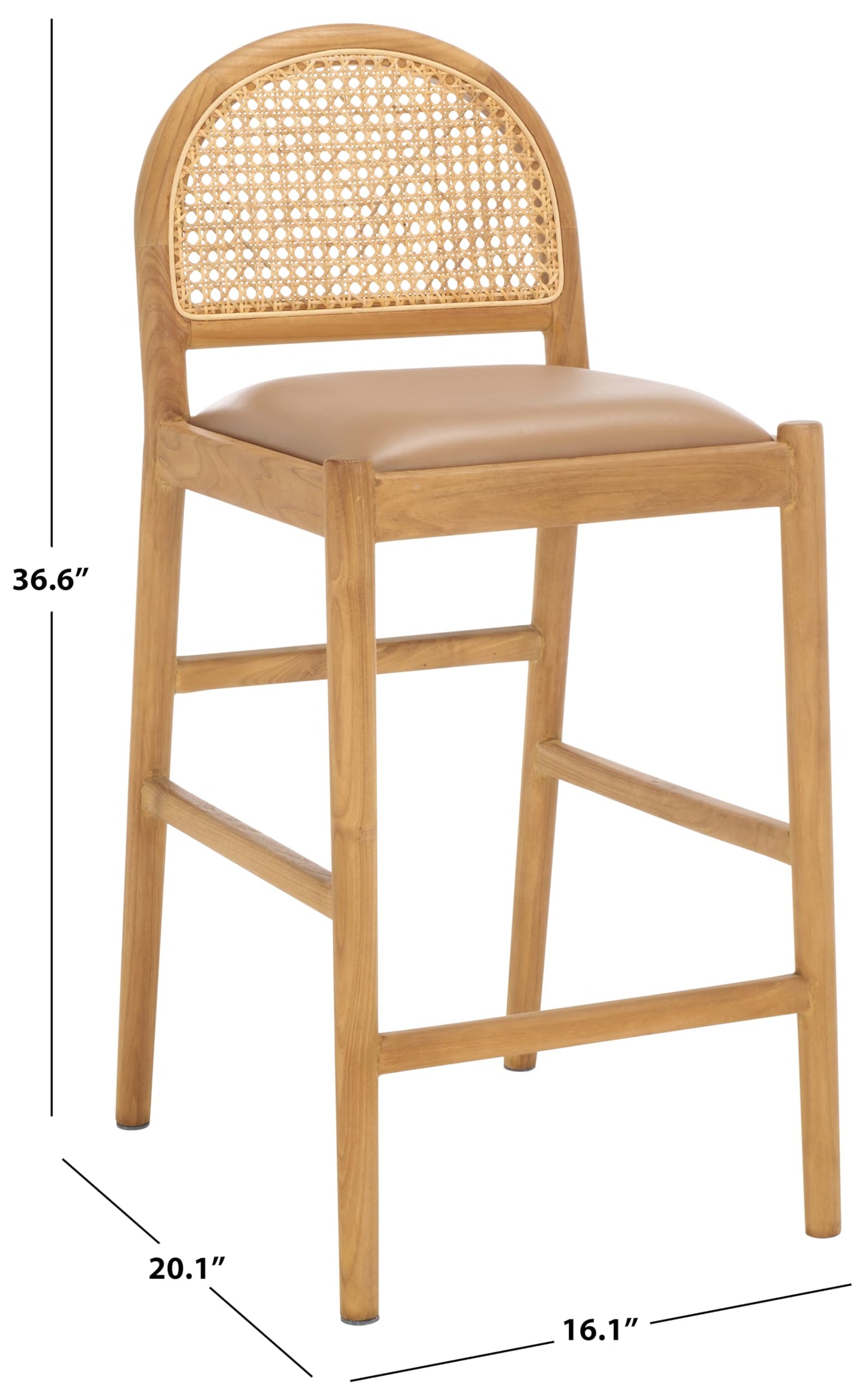 SAFAVIEH Couture Collection Laylie Brown/Natural Leather Solid Wood Rattan 26-inch Seat Height Kitchen Island Breakfast Nook Counter Stool (Fully Assembled)