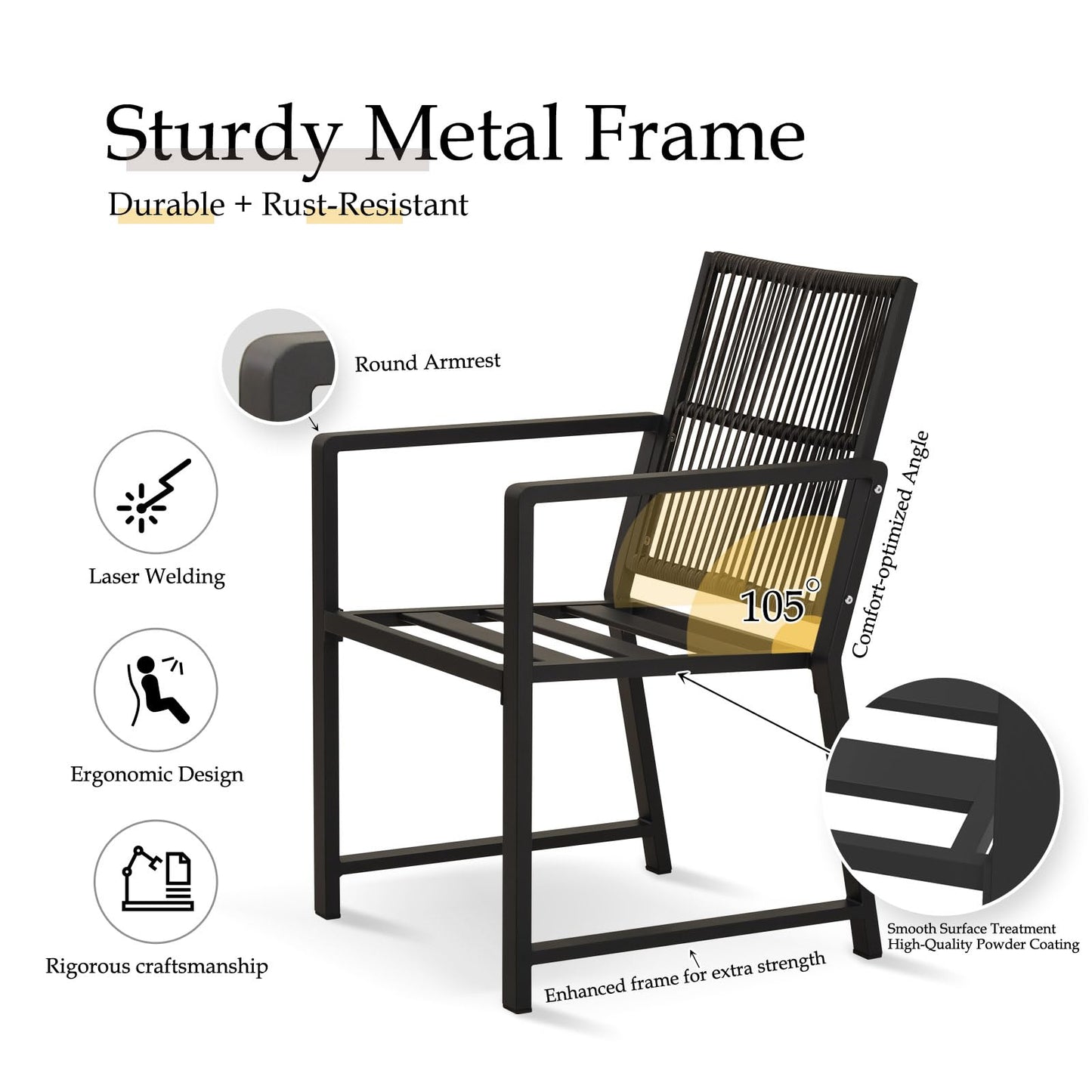 Coreporch Outdoor Patio Dining Chair, All-Weather Woven Rope Outdoor Chairs Set of 2, Sturdy Iron Frame, 400 lbs, Ergonomic Backrest, Removable Breathable Cushion, for Patio & Garden, Black