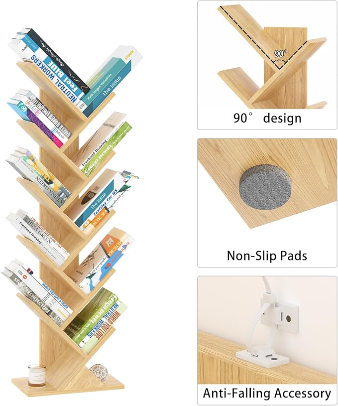 SHEEPAM 10 Tier Tree Book Shelf, Floor Standing Wood Bookshelf