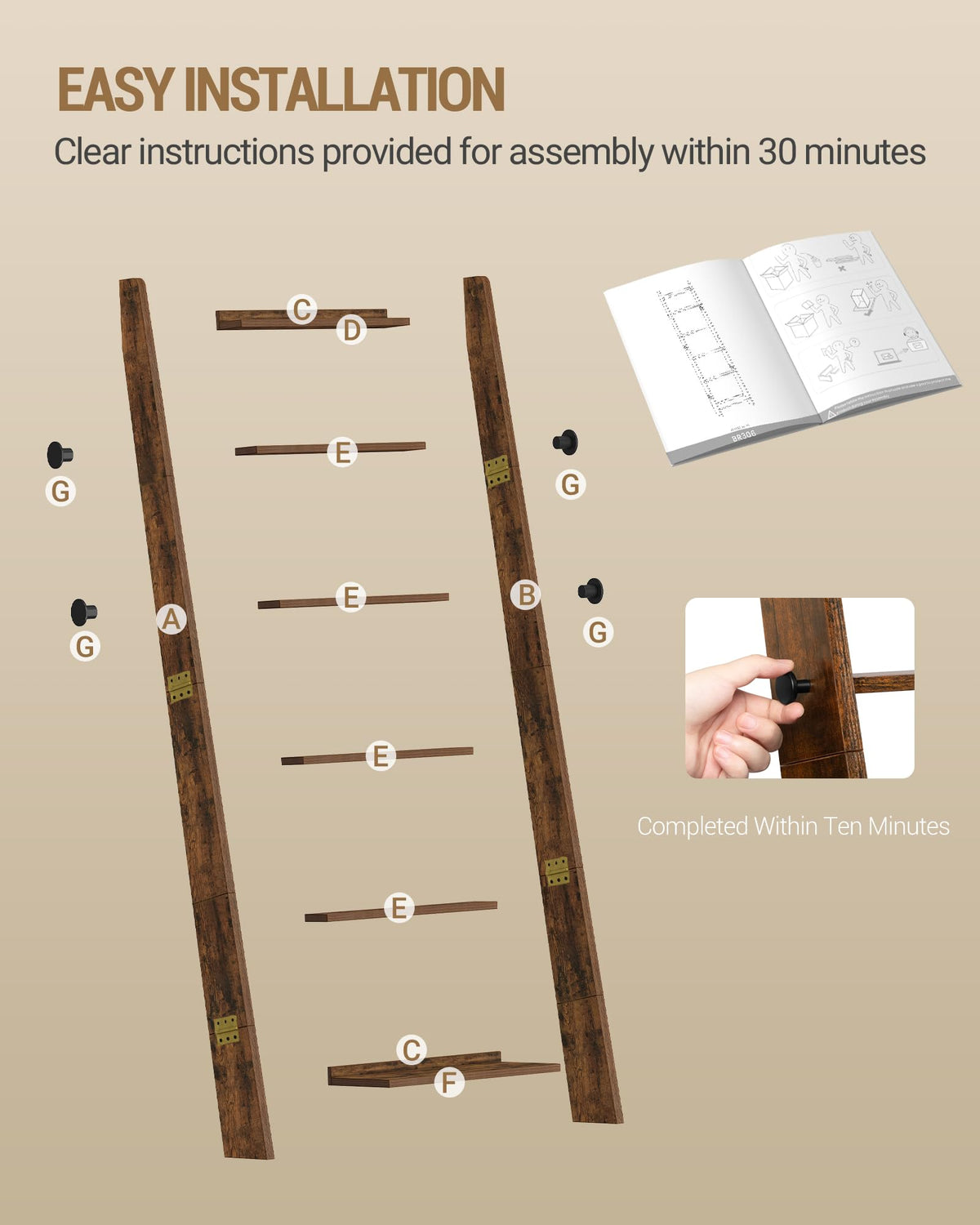 Hzuaneri Blanket Ladder for Living Room, Decorative Quilt Rack with 4 Removable Hooks, 6-Tier Blanket Ladder Shelf for Bedroom,Rustic Brown BR30601X