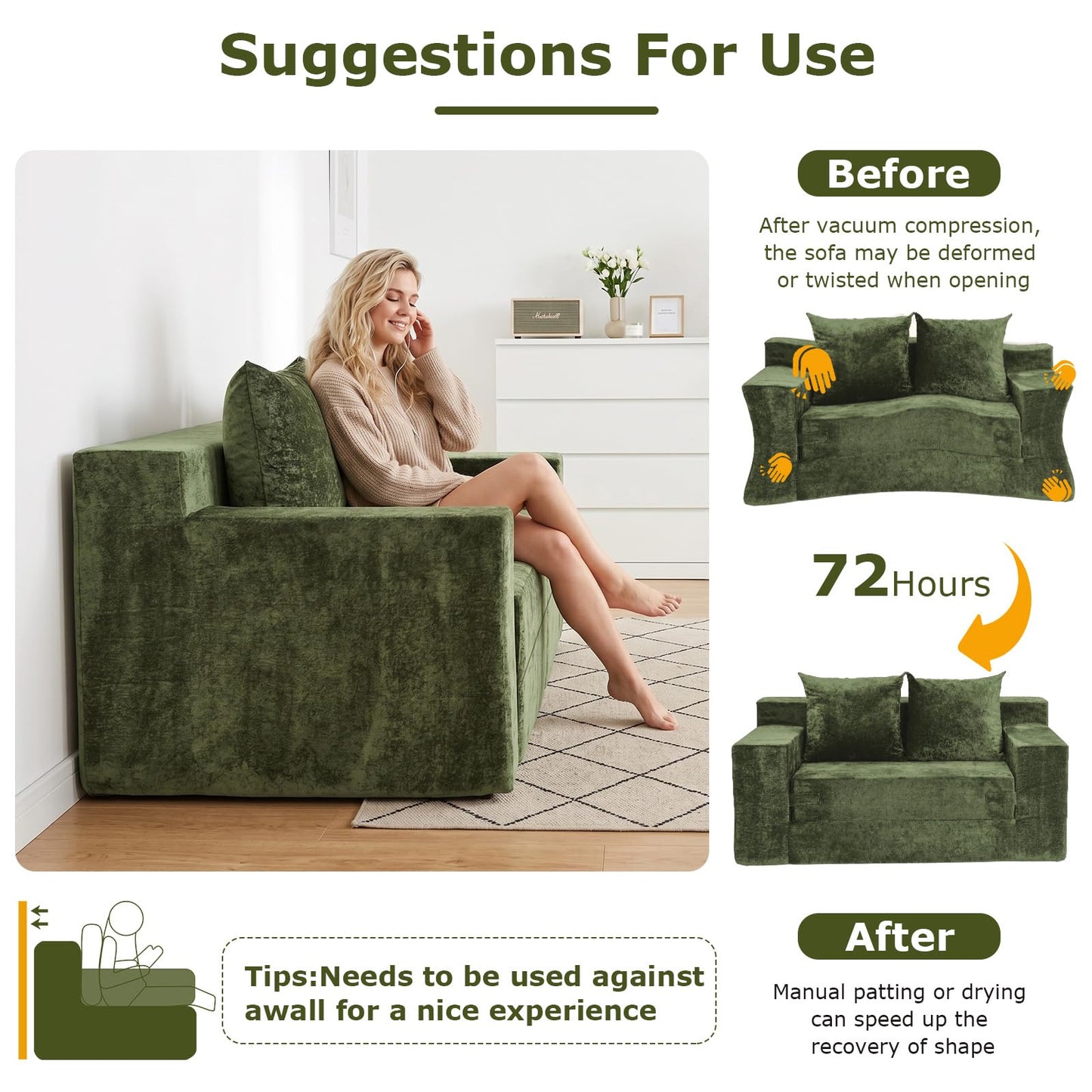 feliz home Boneless Loveseat Couches, Convertible Sofa Bed Folding Couch Bed, Boneless Chair Bed & Futon Sofa Bed, Small Pull Out Couch Foldable with 4 Pillows for Living Room, Green