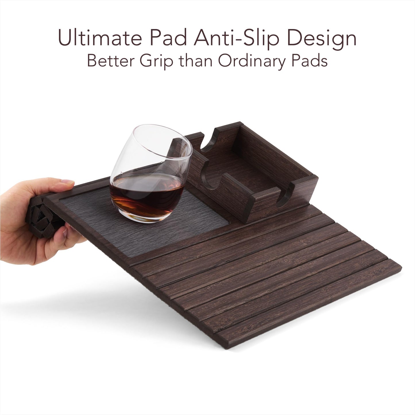 Detor Couch Cup Holder Tray with Super Anti-Slip Pad, Large 4.5" x 4.5" Organizer, Brown-Stained Bamboo Finish, Enhanced Non-Slip Felt Base, Durable Bamboo Slats, Fits Armrests 5.5" and Wider