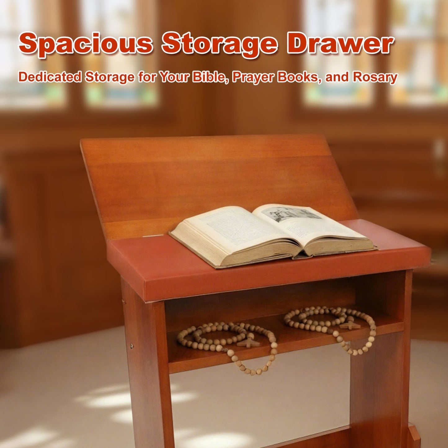 Fanwer Folding Prayer Bench for Home Use - Adjustable Wooden Kneeler for Prayer & Meditation, Compact Kneeling Altar with Bookshelf for Church, Chapel, or Personal Devotion