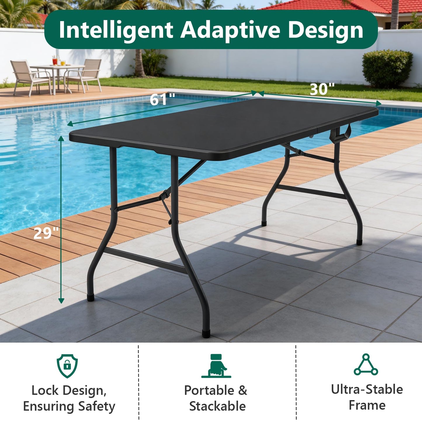 MAKE CHANGES Folding Table 5FT Heavy Duty Plastic Table with Handle, Foldable&Portable, Fold-in-Half Utility Tables for Outdoor, Dining, Wedding, Events, Indoor, Picnic, Camping, Party, Coffee Black