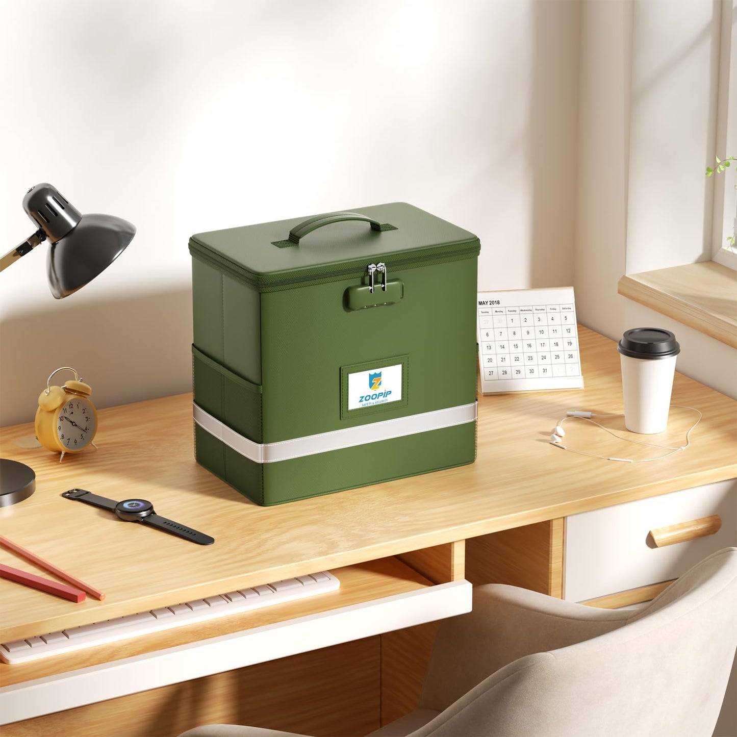 ZOOPIP Fireproof File Box with Lock, Document Box Storage Organizer, Suitable for Hanging File Folders in Letter Size, Collapsible File Box, Reflective Strip for Fast Find (12.2"*6"*10.2, Green)