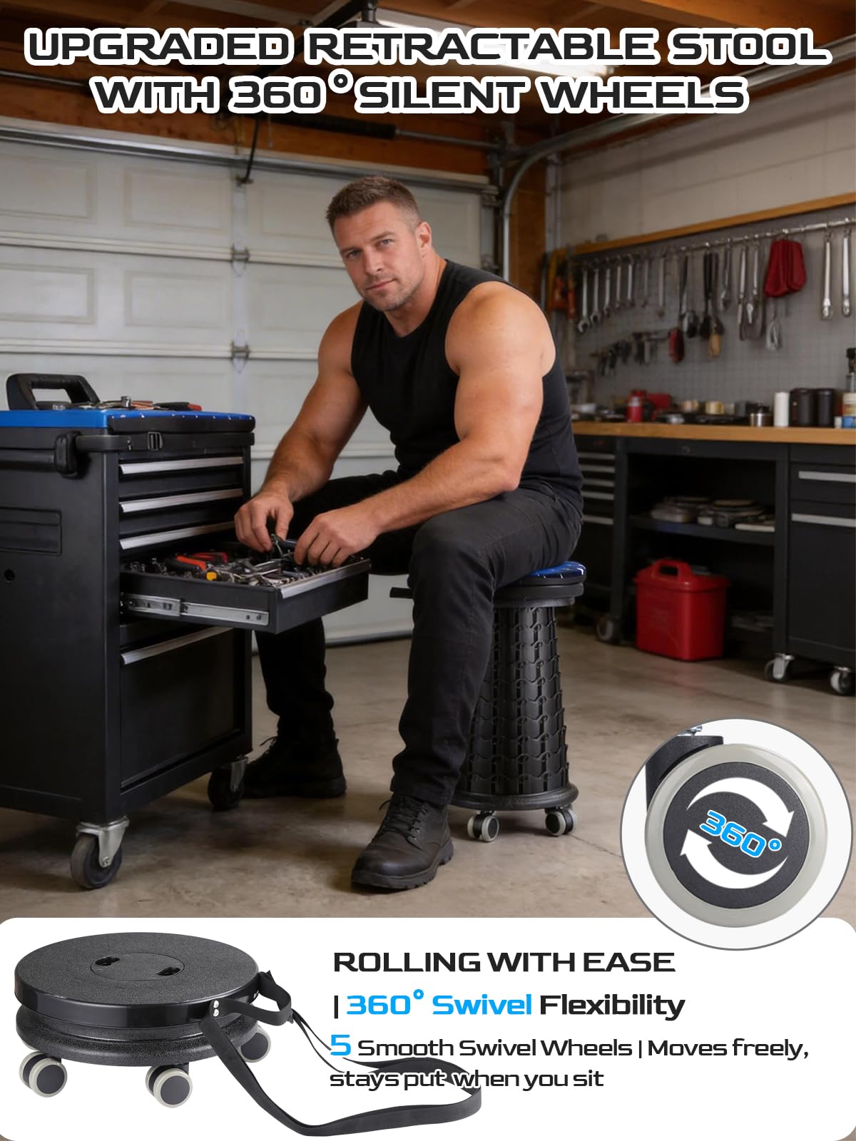 2026 Upgraded 3XL Rolling Collapsible Stool with Wheels | 1000lbs Capacity, 24-in Taller & 13-in Wider Retractable Stool for Adults, Thick Swivel Cushion & 5 Silent Casters, for Home, Garage, Kitchen