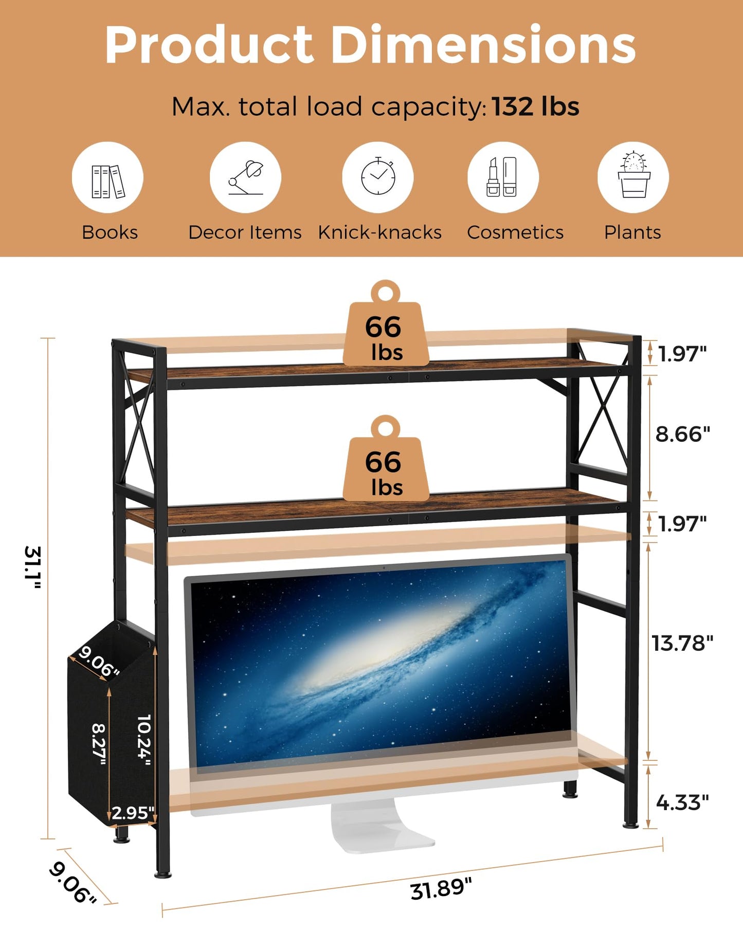 LAND·VOI Desk Shelf, 2 Tires Desktop Bookshelf, 31.9 Inchs Desk Hutch for Computer Monitor, Wood Desktop Display Rack, Adjustable Height Desk Organizer Shelf, for Home, Office, Dorm, Black EDS11BR01