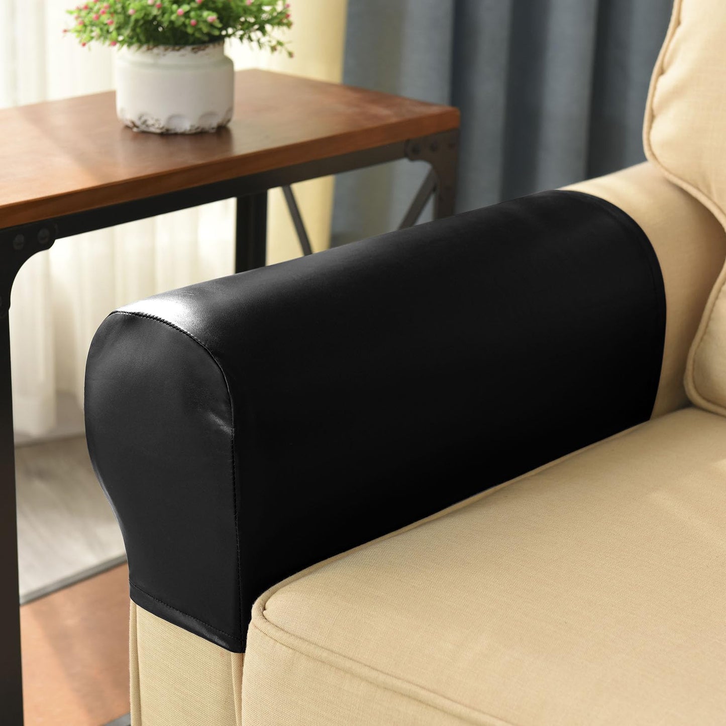 vctops Waterproof Faux Pu Leather Armrest Covers Vintage Stretch Arm Covers for Chairs Couch Sofa Armchair Slipcovers for Recliner Sofa 2pcs,Black