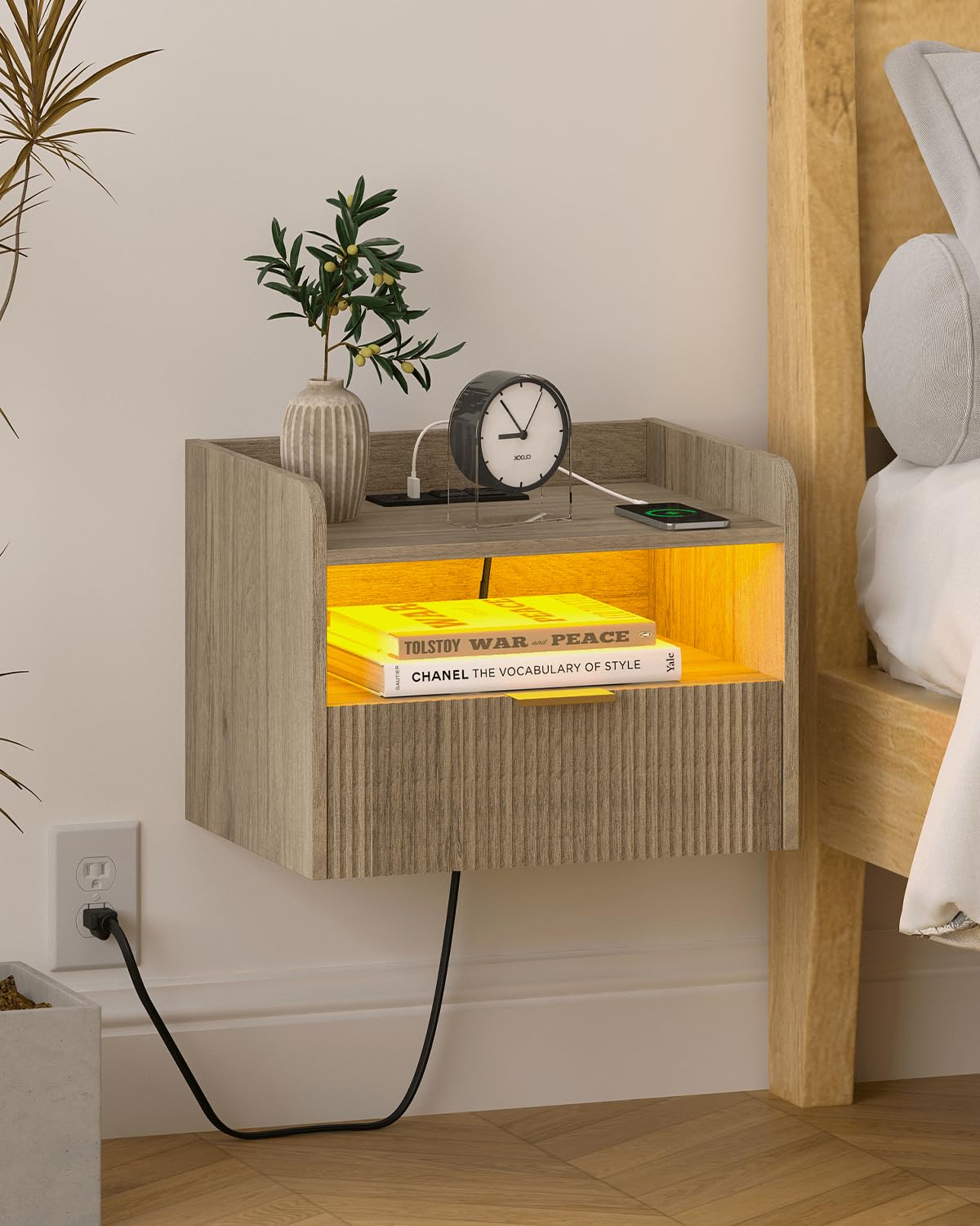 Veegle White Floating Nightstand with Charging Station and LED Lights (Grey)