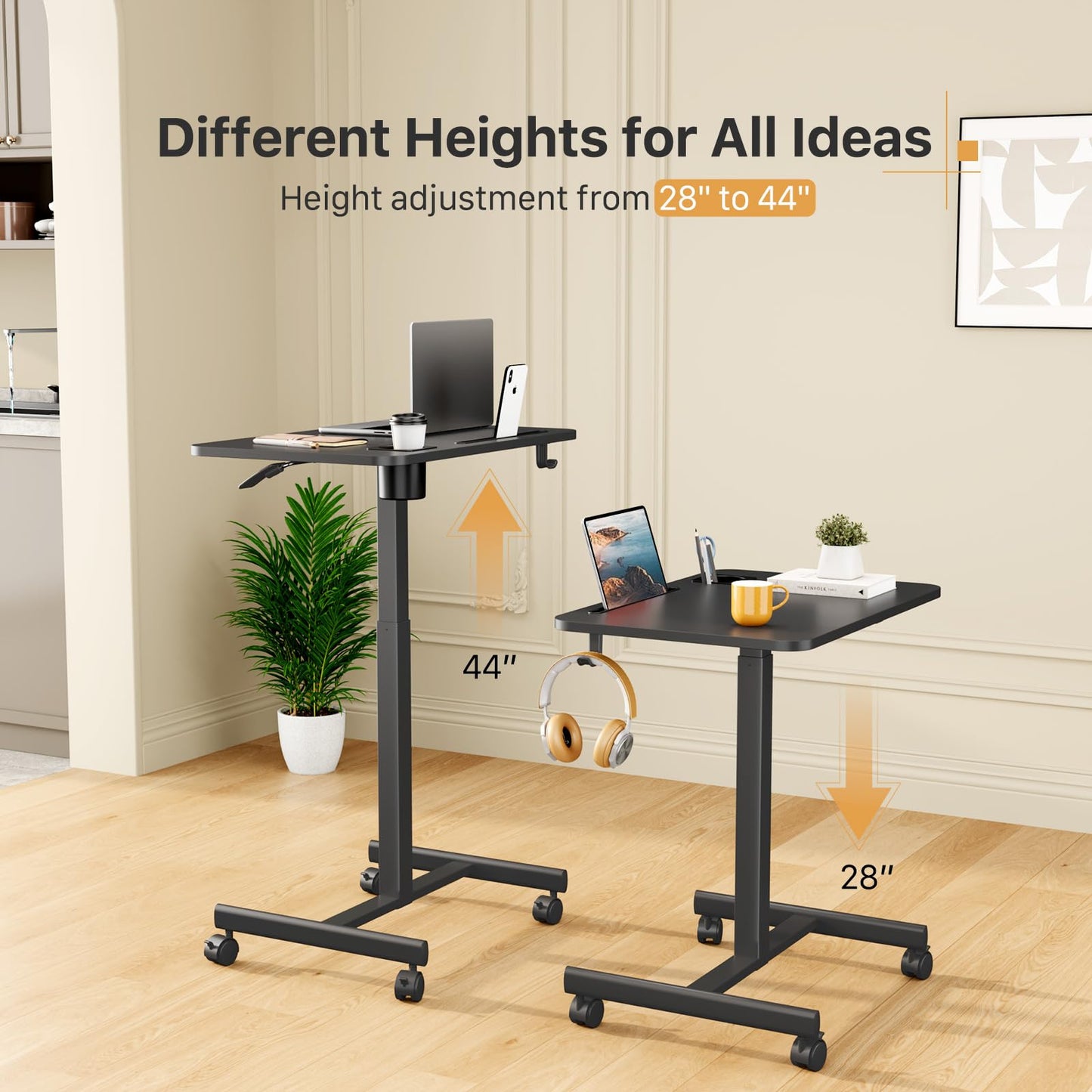 Liftsync Mobile Standing Desk, Rolling Laptop Cart Adjustable Height with Cup Holder, 28 inch Portable Table with 4 Lockable Wheels, Black Computer Workstation with Hook and Slots for Home Office