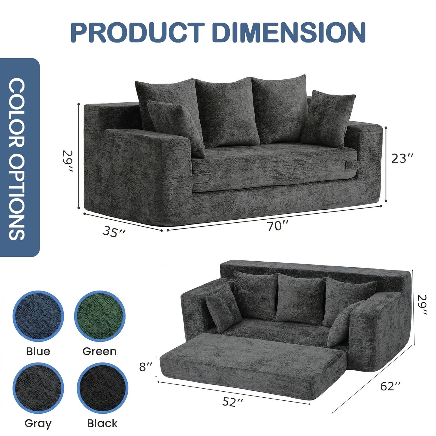 Winzoo Boneless Couches 70", 3 Seater Boneless Couch with Pull Out Sofa Bed, Gray Boneless Couch with 5 Pillows, Plush Velvet Sofa for Living Room & Bedroom