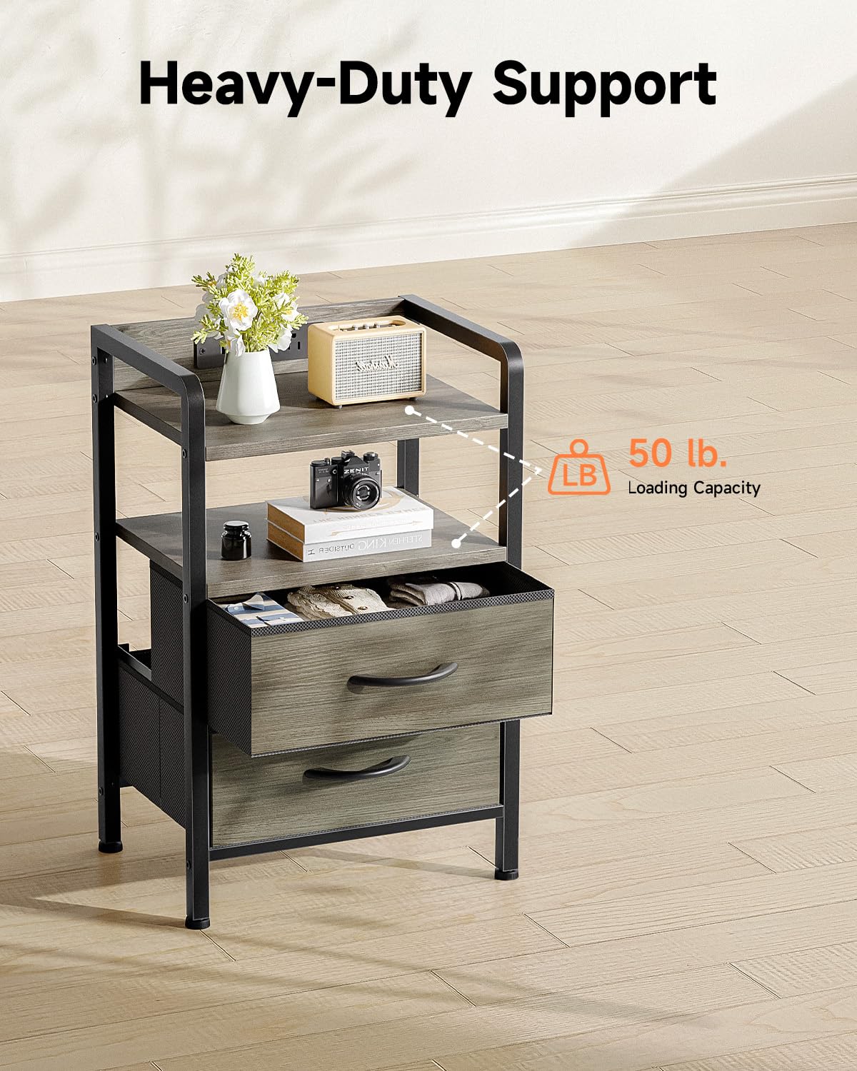 Lazzanto Night Stand Bedside Charger Bedroom - Grey Nightstand with Charging Station & LED Light Strip, Morden End Table with USB Ports & AC Outlets, Night Stand with Storage Shelf & 2 Fabric Drawers