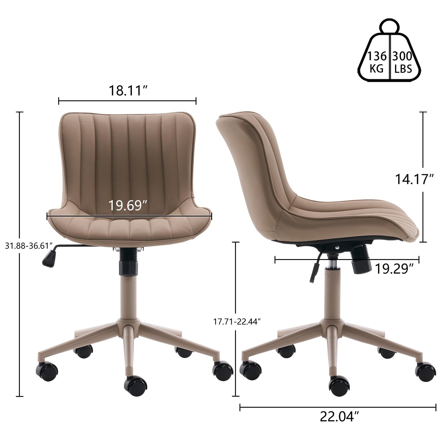 YOUNIKE Home Office Desk Chair with Wheels Armless Vanity Chair with Back Comfy Modern Leather Upholstered Rolling Task Chair Swivel Small Cute Sewing Chair No Arms Wide Adjustable Ergonomic All Khaki