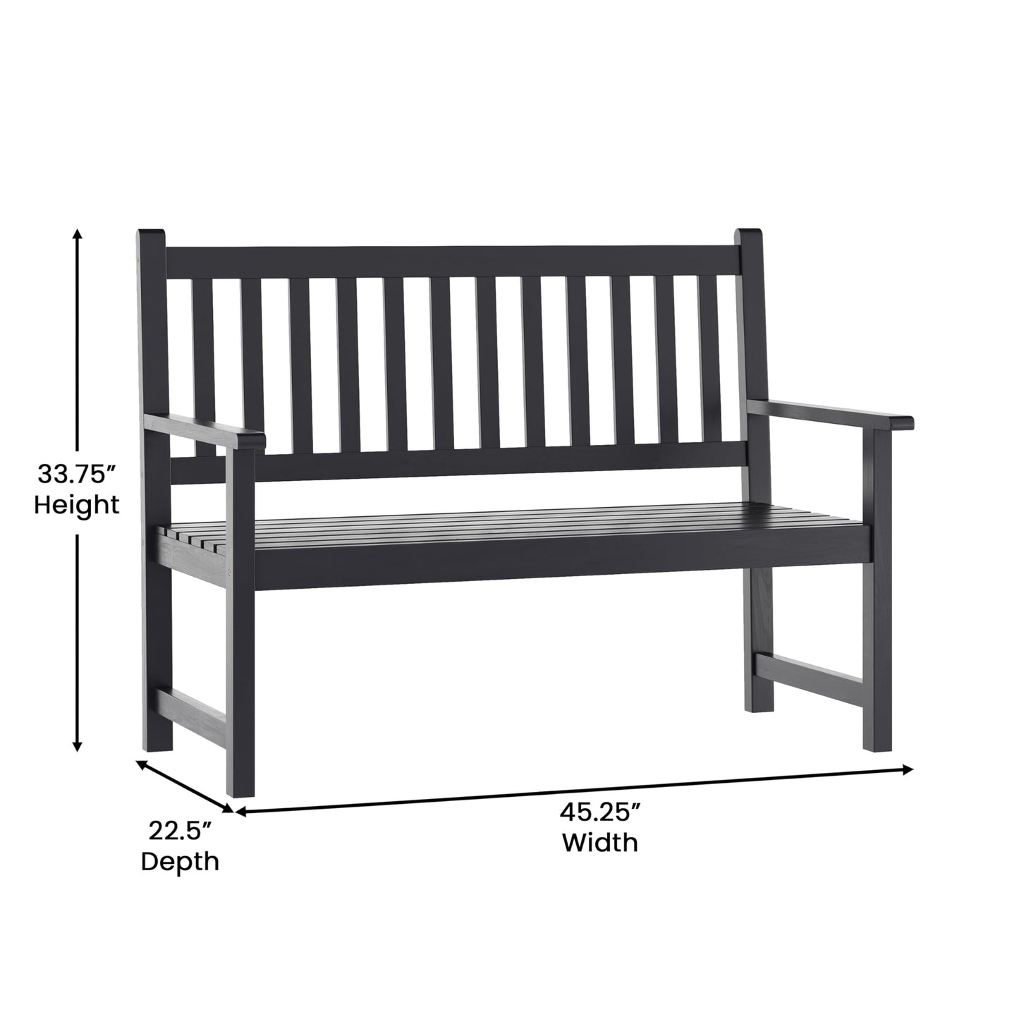 Flash Furniture Adele Commercial Indoor/Outdoor Acacia Wood Bench, 2-Person Slatted Patio Loveseat, for Use in Yard, Garden, Porch, or Park, Black