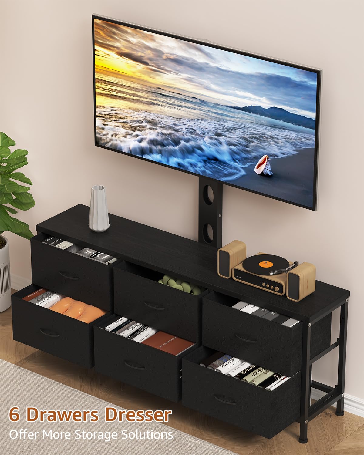 DrawXynth TV Stand with Mount, Fabric Dresser with 6 Drawers for 32/45/55/60/65/75 inch TVs, Black Dresser Entertainment Center, Modern Media TV Console Table