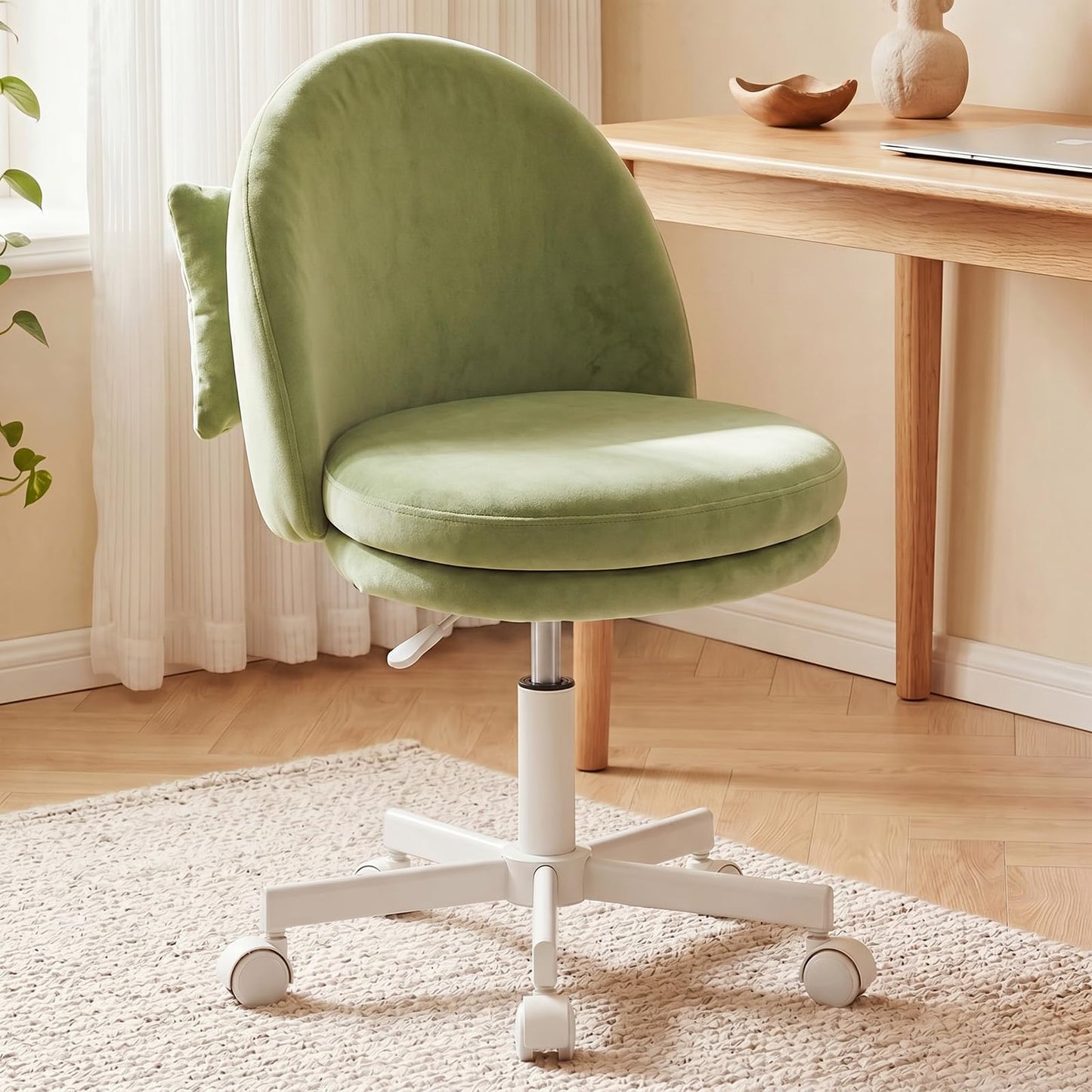 GTPLAYER Velvet Tall Office Chair with Wheels Vanity Chairs with Back, Versatile Height Use: Office to Bar Stools Small Ergonomic Comfy Armlees Computer Desk Chair with Bow Lumbar Pillow for Gift