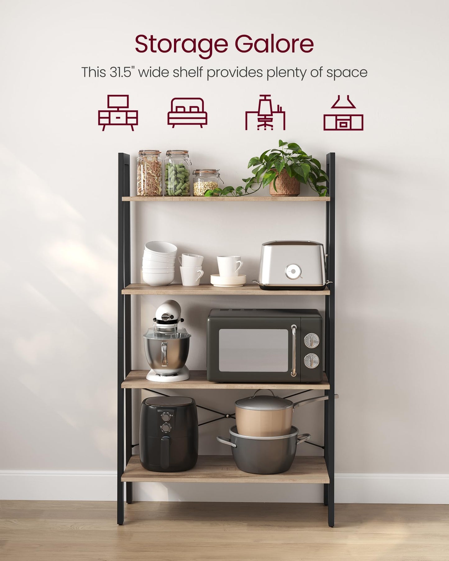 VASAGLE BARNET Collection - Ladder Shelf, Bookshelf, Storage Rack, Modern Bookcase for Living Room Home Office Kitchen, Steel Frame, 4-Tier, 31.5-Inch Wide, Camel Brown and Ink Black ULLS144B50