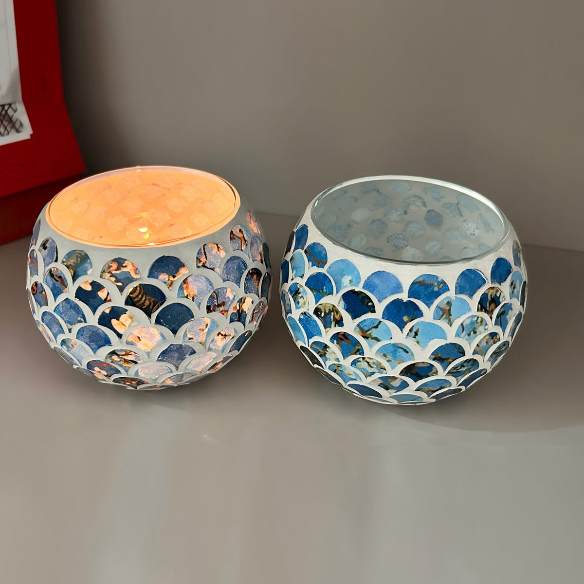 Mosaic Glass Tea Light Holders Romantic Stained Votive Candle Holder, MIATTCLD Round Handmade Tealight Candle Holder for Table Centerpieces, Christmas, Valentine, Birthday Party, Home Decor (L)