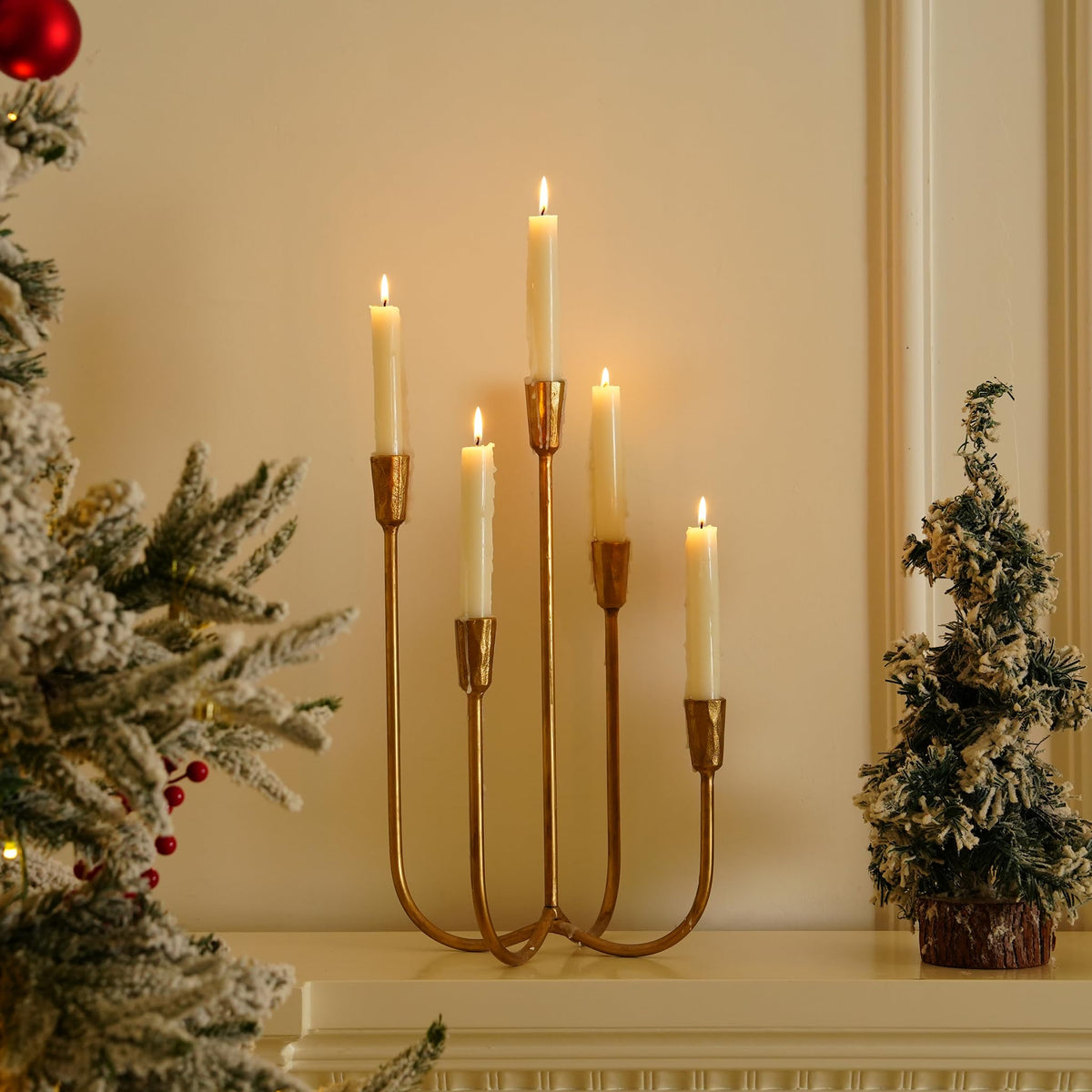 Cast Iron Candelabra 5-Taper Candle Holders, Golden Metal Candlestick Holders Tabletop Candles Stand, Decorative Table Centerpieces Mantel Decor, Antique Brass