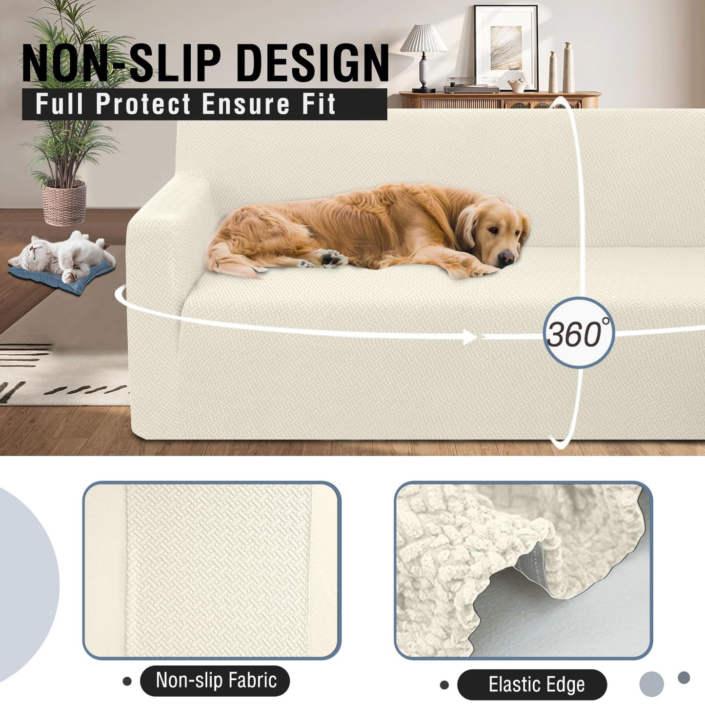ALIECOM Stretch Corner Sectional Couch Covers L Shape Sofa Covers Washable Sectional Slipcovers U Shape Jacquard Living Room Pet Dogs Furniture Protector with Elastic Bottom (Ivory, Large)