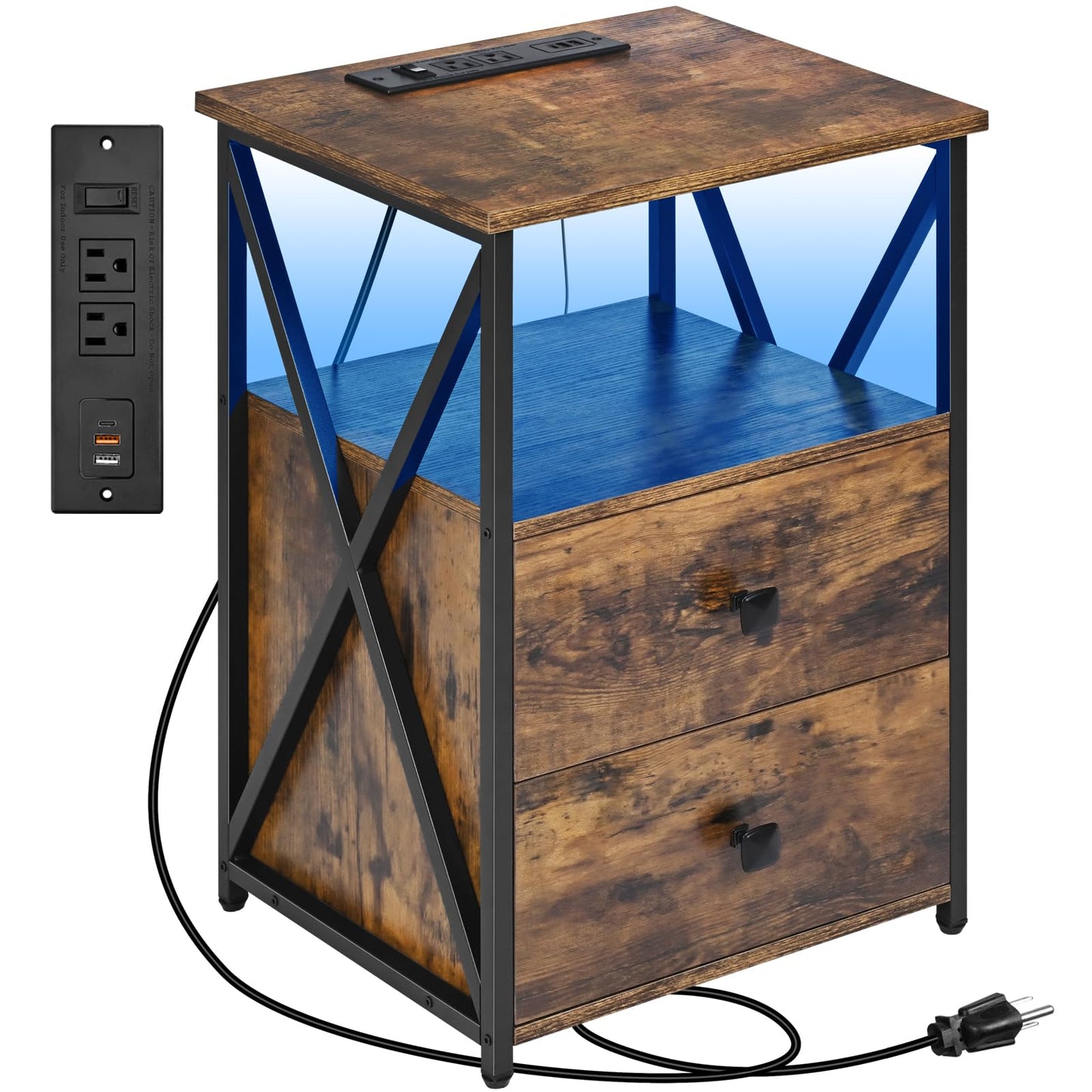Livofloral Nightstand with Charging Station, LED End Table with Storage, Side Table with USB Ports and Outlets, Bedside Table with Wooden Storage Drawers and Shelves for Bedroom, Living Room, Brown