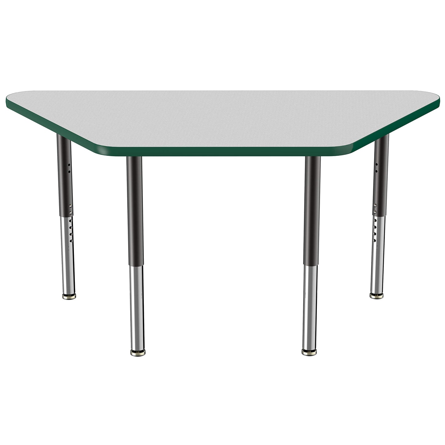 FDP Mobile Trapezoid Activity School and Office Table (30 x 60 inch), Super Legs with Glides and Casters for Collaborative Environments, Adjustable Height 19-30 inches - Gray Top and Green Edge