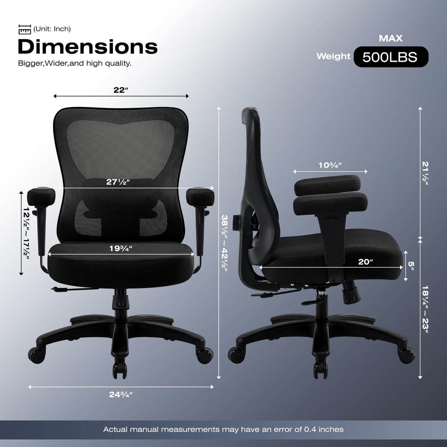Big and Tall Office Chair 500lbs, Ergonomic Mesh Office Chair with Wider Thicker Seat Cushion，Oversize High Back Computer Desk Chair with Adjustable Lumbar Support, Lightgrey