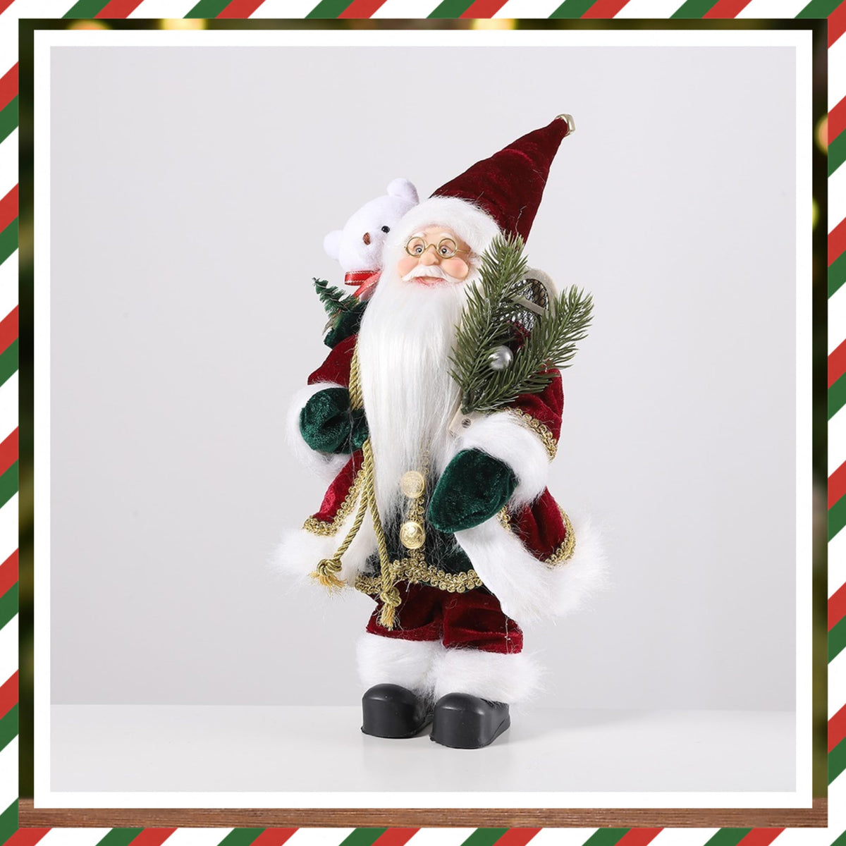 Enanal Santa Claus Figurine, 13inch Standing Christmas Santa Claus with Bear Sack and Pine for Christmas Indoor Home Decoration Xmas Gift Party Table Shelf Ornament