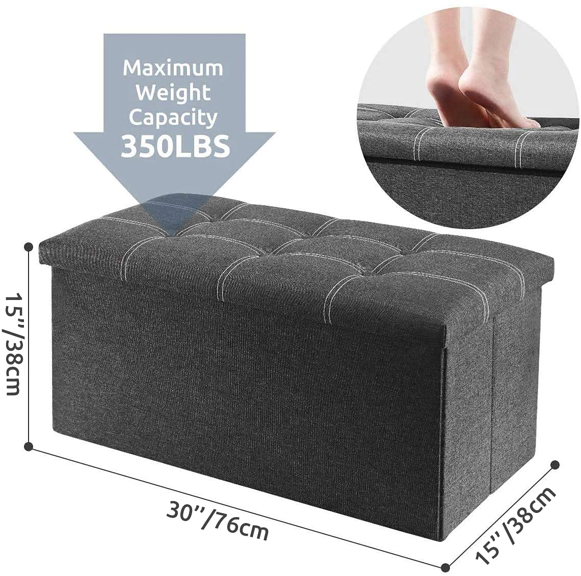 YOUDENOVA 30 Inch Storage Ottoman, Folding Ottoman with Storage, Linen Storage Bench Supports Up to 350 lbs, Footrest Seat for Living Room, Bedroom, Gray