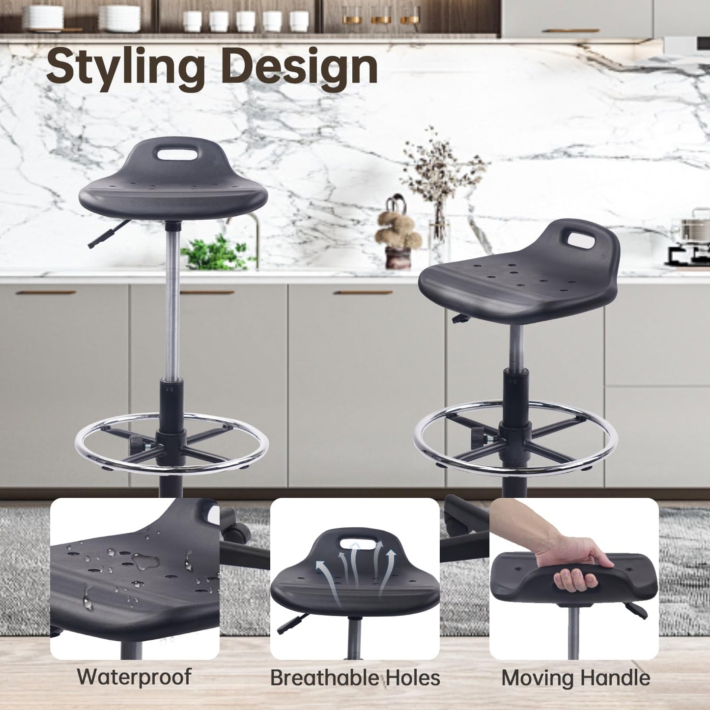 KLASIKA Drafting Rolling Stool Adjustable Height with Foot Rest Breathable Seat Cushion Swivel Stools with Wheels, Multi-Purpose Work Stool for Shop, Task, Salon, Black, 1 Pack