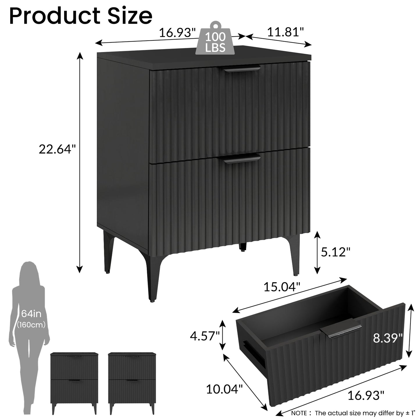 SUNWAVE Black Fluted Nightstand Set of 2, Modern Night Stands with 2 Drawers, Bedside Table for Twin/Full/Queen Bed, End Table with Robot-Friendly Metal Legs for Bedroom, Living Room