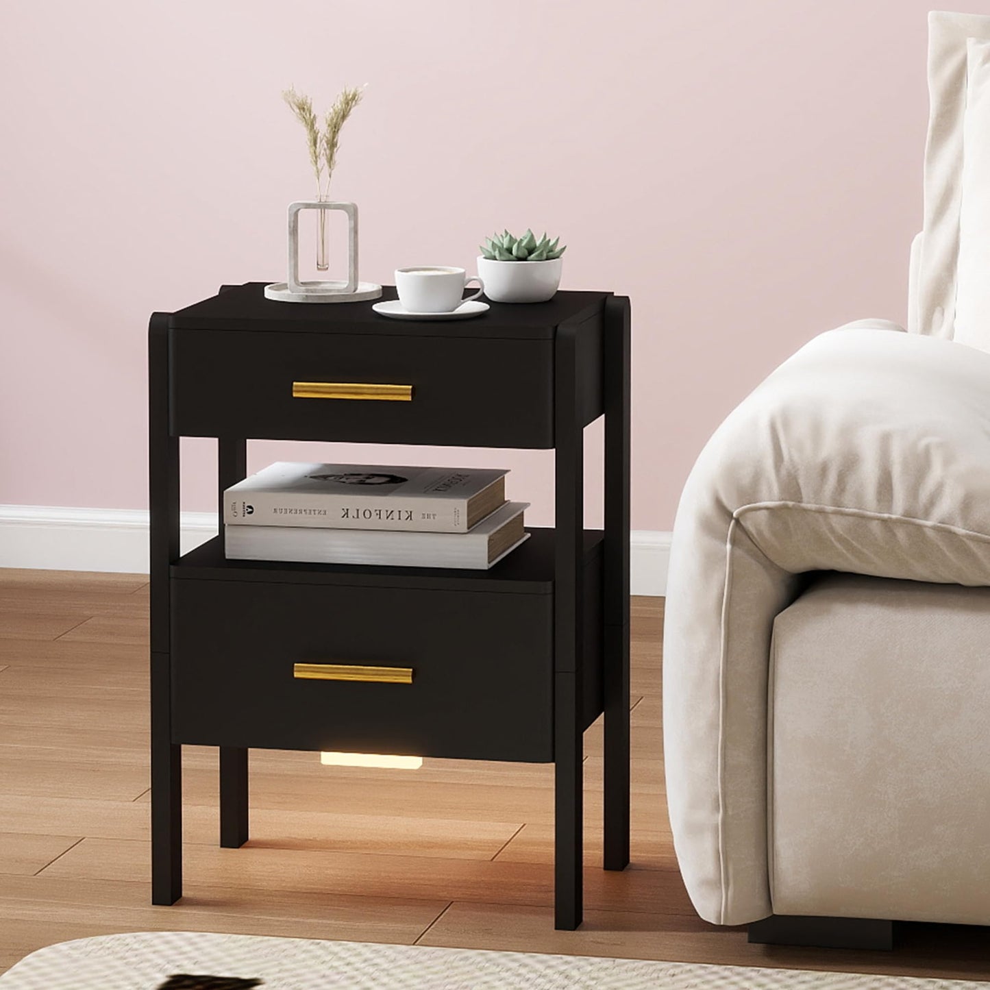 Tltaroni Nightstand with 2 Drawers and Open Shelf Wooden Bedside Table Gold Handles Modern Storage Night Stand Sensor Light for Bedroom, Black