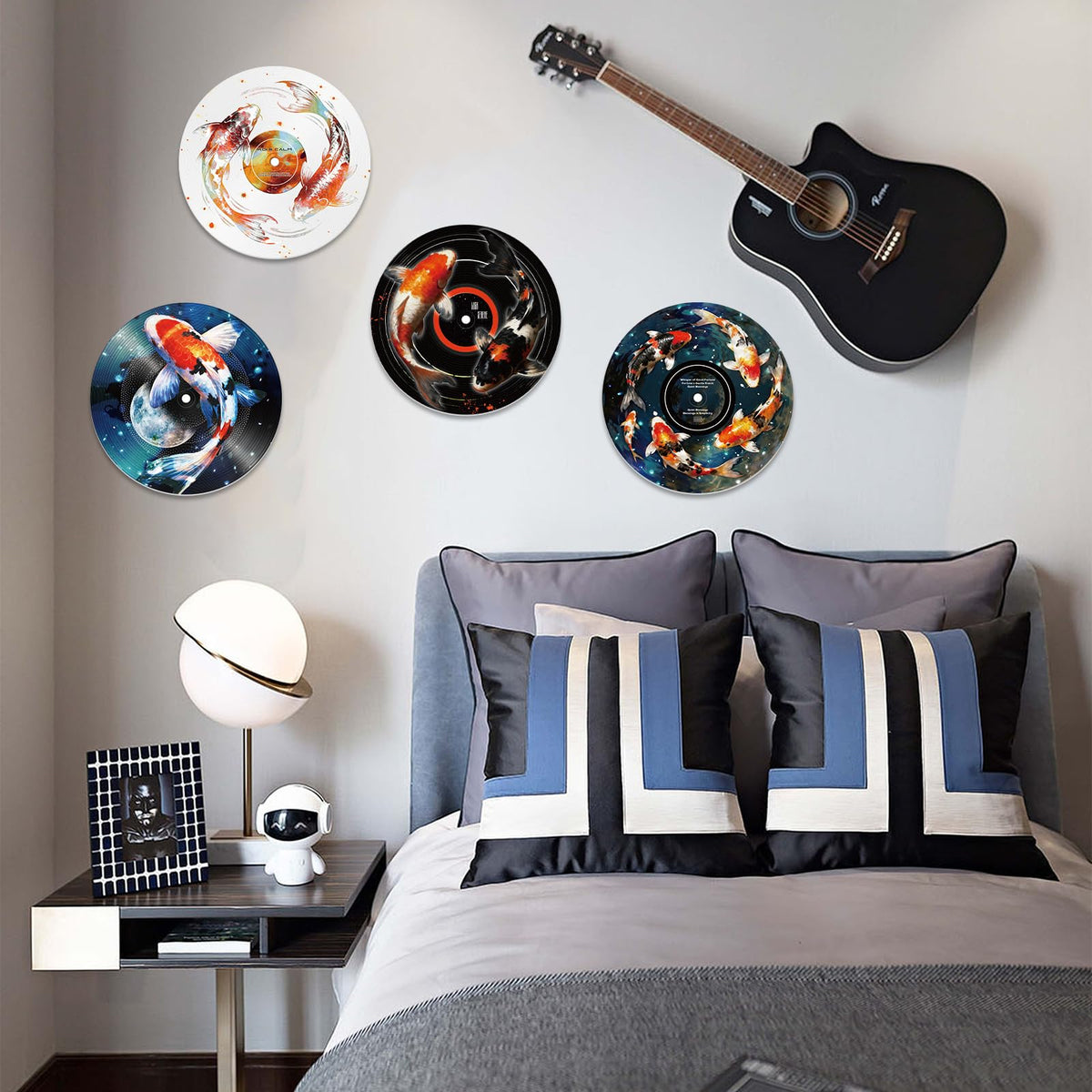 DOODLREAM 4PCS Koi Fish Vinyl Record Wall Decor 12" Hippy Koi Wall Art Posters for Room Aesthetic, Retro Record Decor for Music Party Studio Living Room DIY Craft Project