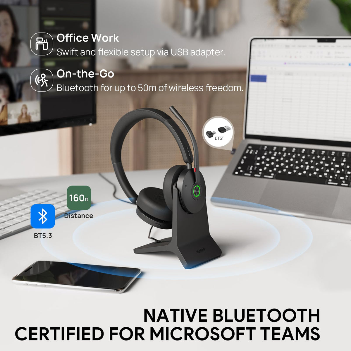 Yealink BH74 with Stand ANC Wireless Headset with Microphone for PC, Bluetooth Headset Noise Cancelling with 6 AI Mic, 32H Talk Time & Mute Button, Microsoft Teams Premium Open Office Certified UC