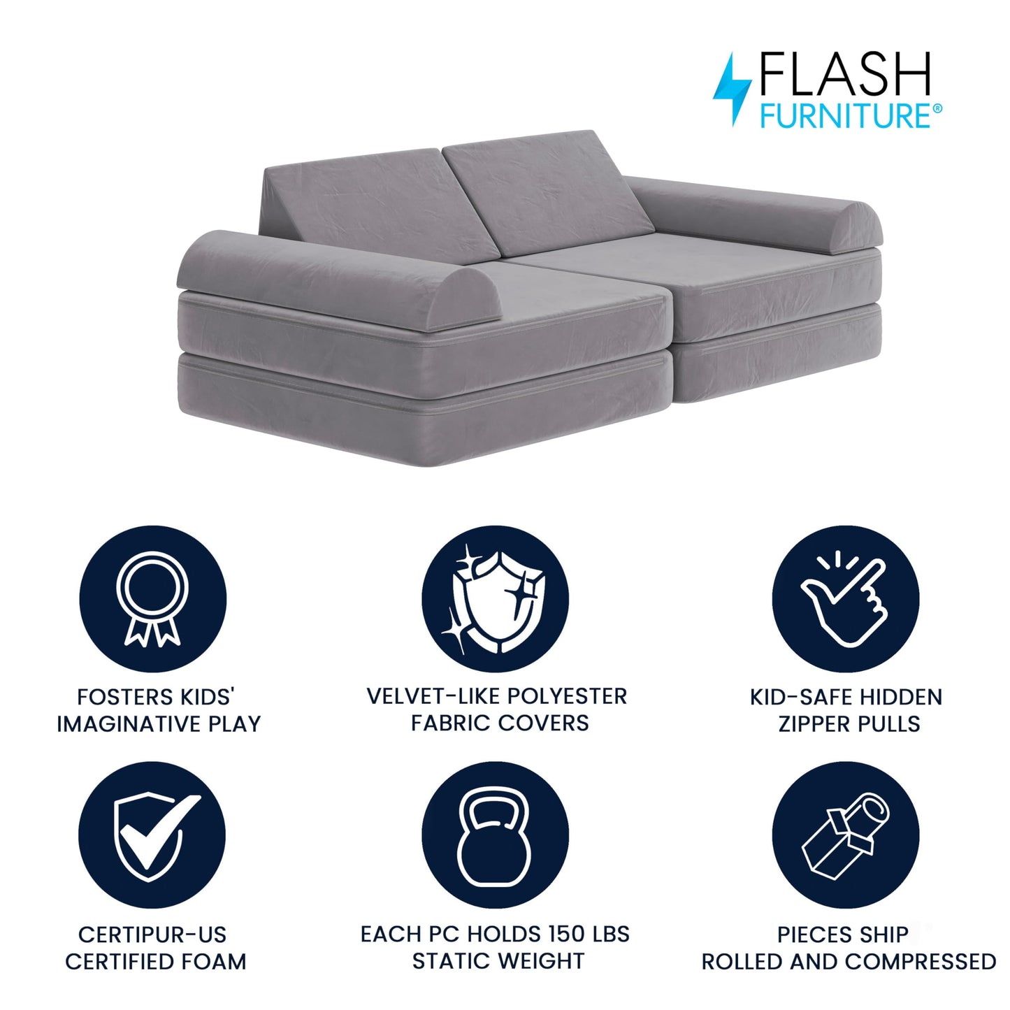 Flash Furniture Marlowe Modular Foam Kids Play Couch, 6 Soft Sectional Sofa Pieces, Convertible Kids Couch, Removable Covers, 56", Gray