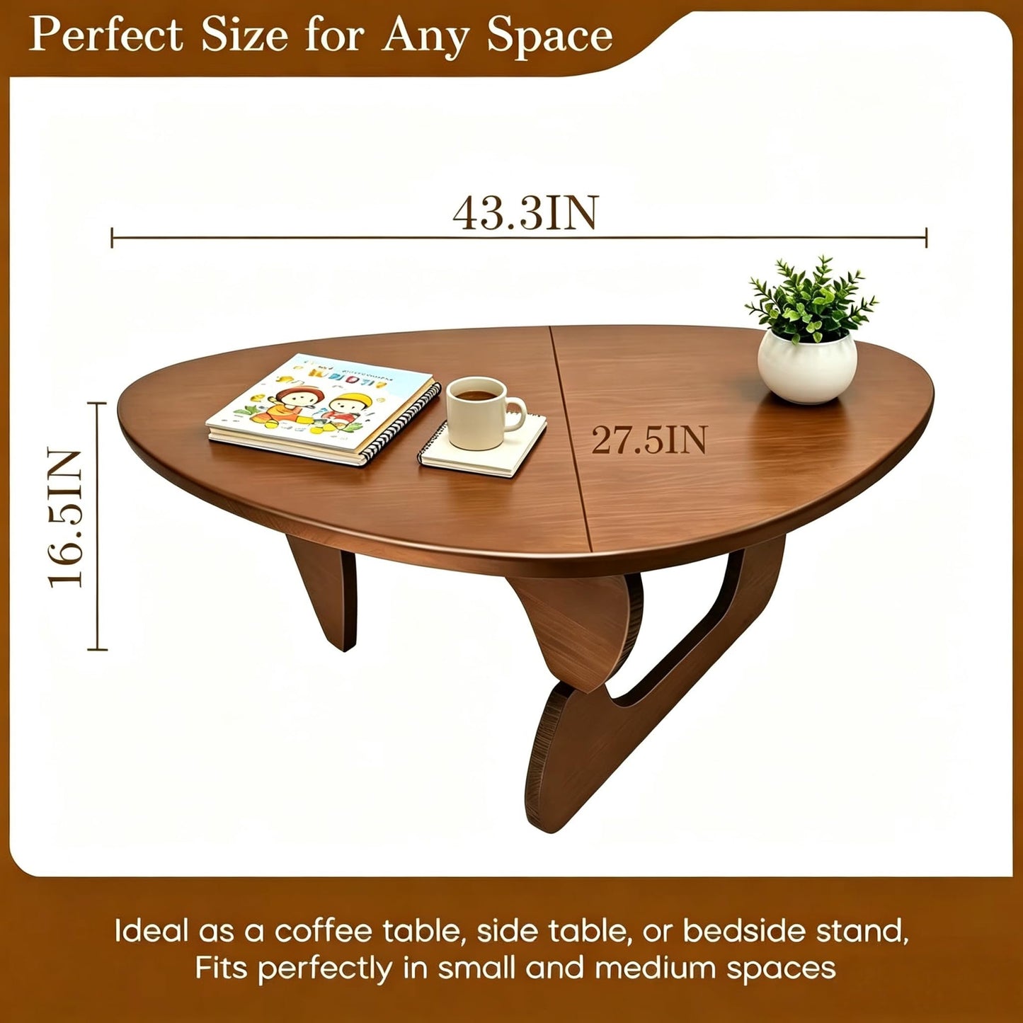 Solid Wood Coffee Table, Mid-Century Modern Triangle Center Table for Living Room, Triangular Wood Tea Table, Fingerprint-Free & Shatterproof, Walnut, 43.3" L x 30.7" W x 16.5" H