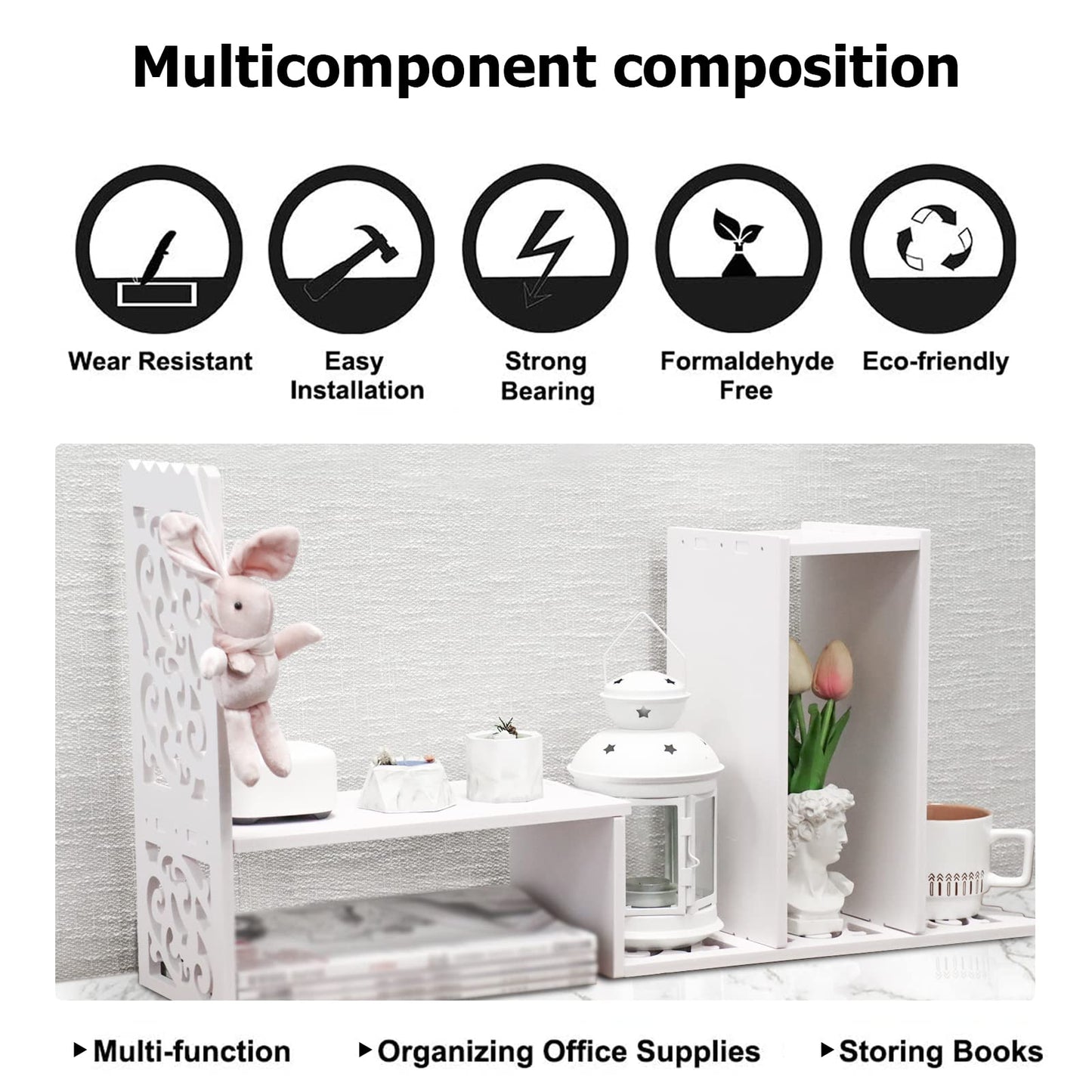MASAKA B&W - Kawaii Storage Desktop Organizer for Your Desk Space, Double H Plants Display Shelf, Home Office Storage Rack Adjustable Stackable for Office, Dormitory (White*09)