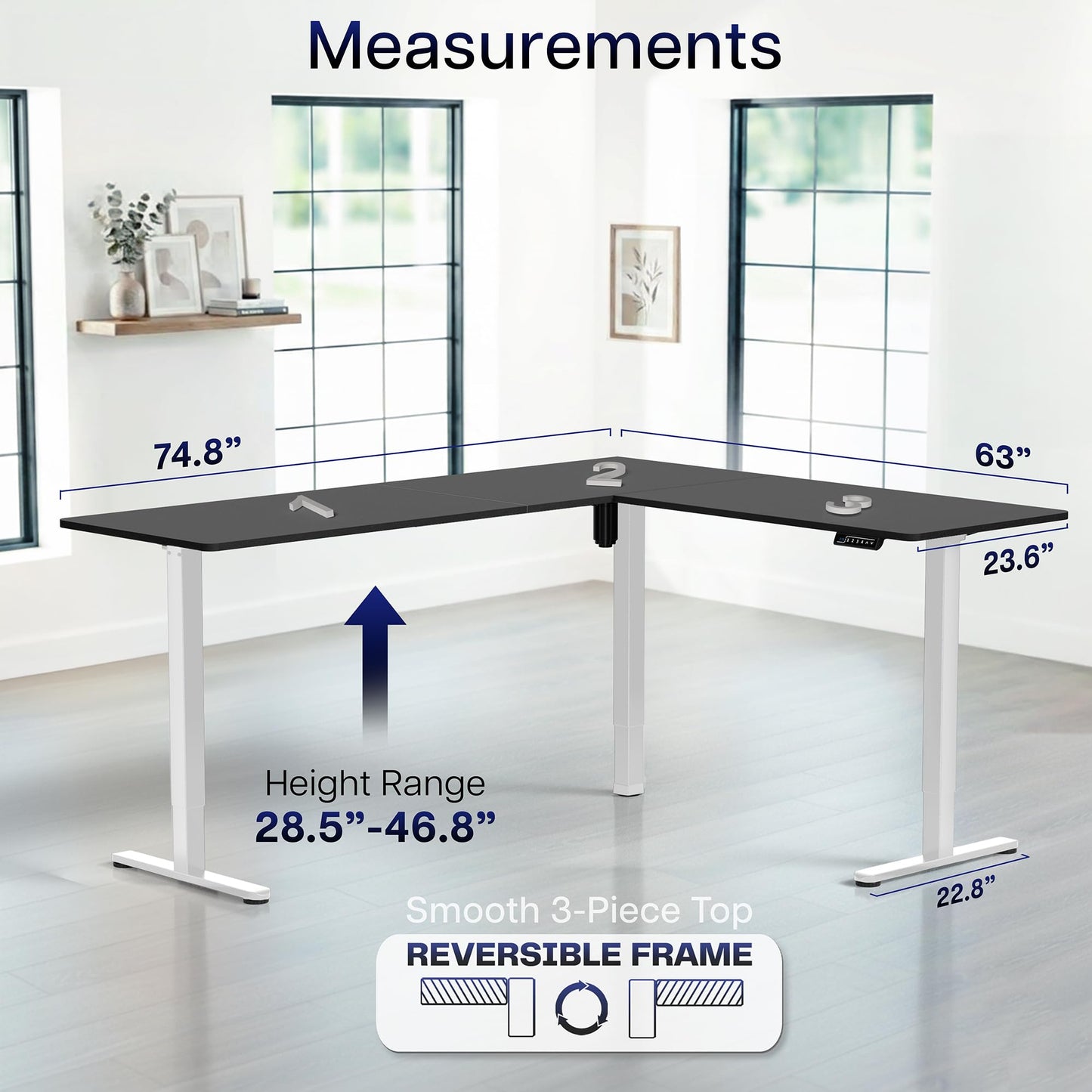 VIVO Corner Standing Desk, 75 x 63 inch Reversible L-Shaped Workstation, Electric Height Adjustment, Home, Office, and Reception Rooms, Black Table Top White Frame, DESK-E3CTWB-75