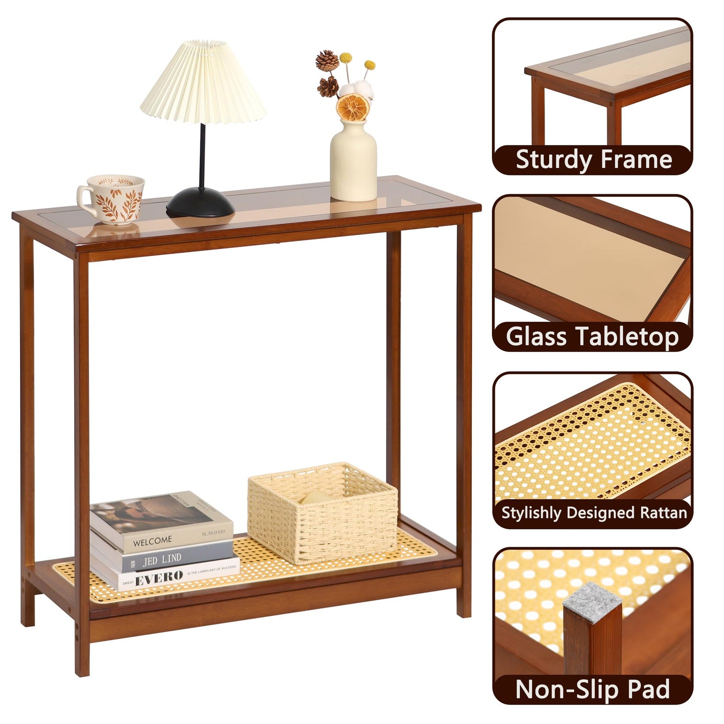 Mordchil HF Bamboo Narrow Console Table, 31.5"(L) Wood Small Entryway Table with Rattan and Glass, Accent Slim Hallway Tables, Thin Sofa Side Tables for Hallway, Living Room, Bedroom, Foyer, Walnut