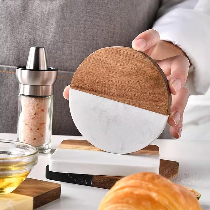 I-LAN 4-Pack Marble and Acacia Wood Coasters, 4-Inch Round Natural Wood Drink