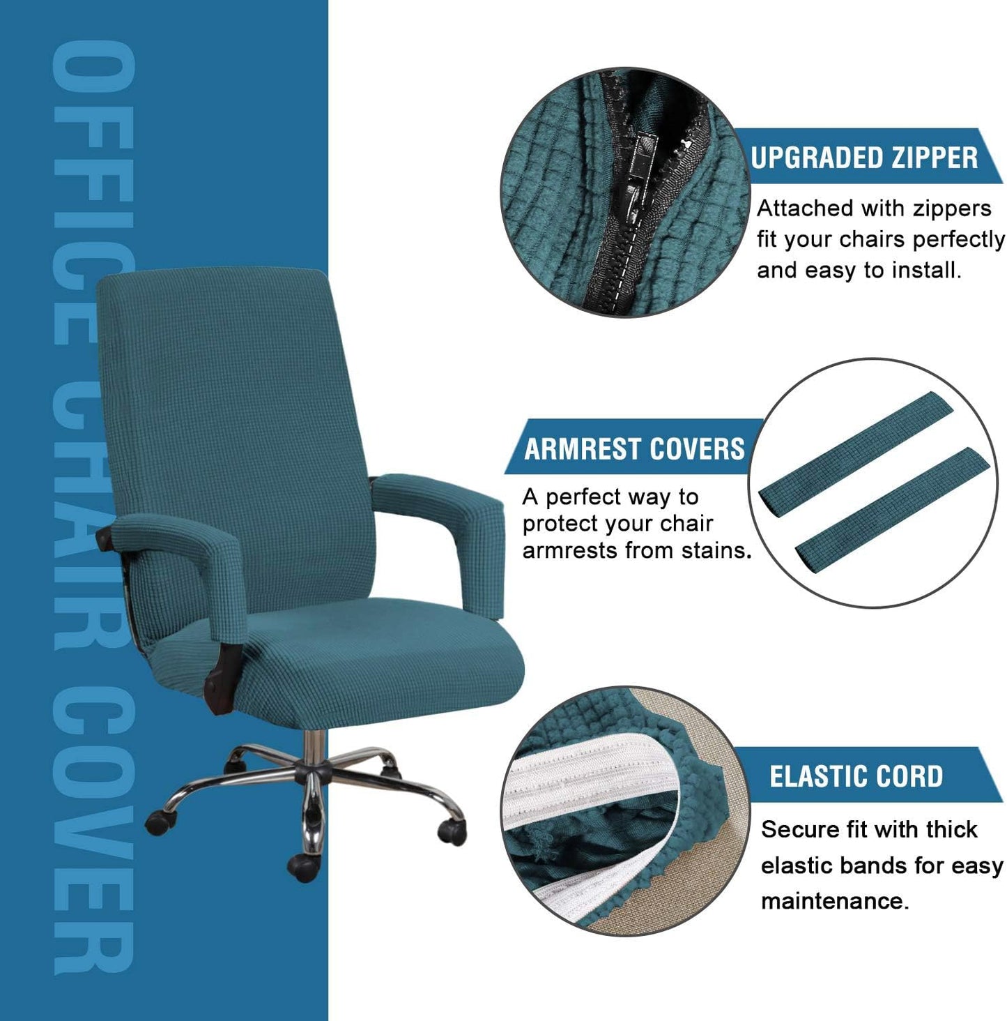 H.VERSAILTEX 3 Pcs Computer Office Chair Cover Universal Rotating Chair Slipcovers Protector Removable Washable Office Armrest Covers with Zipper for High Back Seat Backrest Pads(Large,Deep Teal)